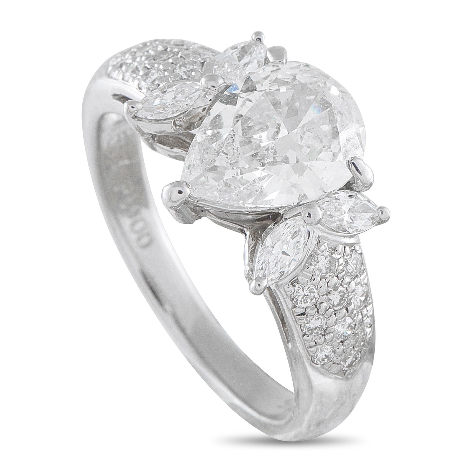 Platinum 2.01ct Diamond Ring: This dazzling ring will continually impress. A pear-shaped 1.56 carat Diamond center stone with L color and I clarity adds warmth and contrast to the overall design. Additional Diamonds with a total w