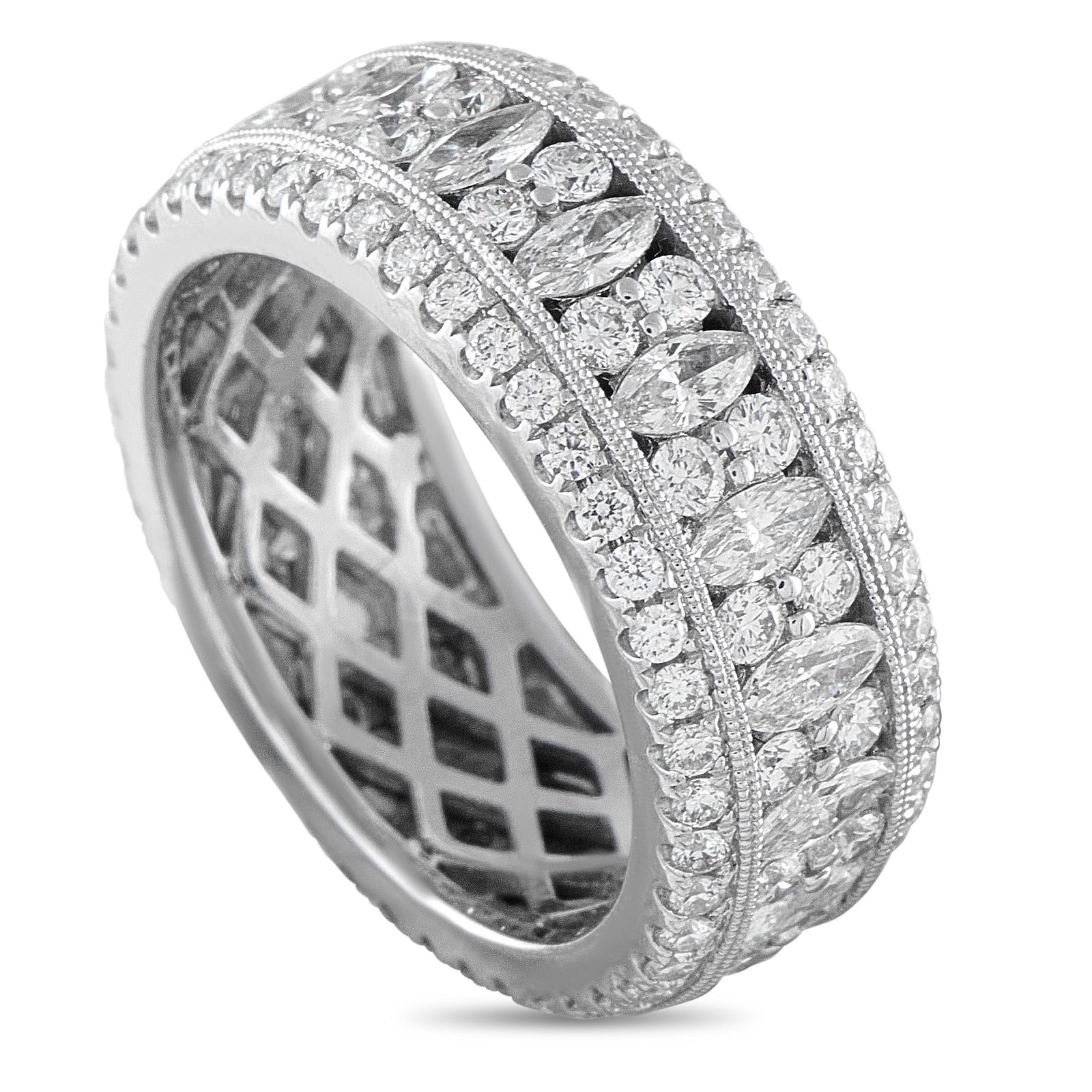 18K White Gold 2.72ct Diamond Wide Band: Diamonds with a total weight of 2.72 carats provide this impressive ring with endless sparkle. Incredibly elegant, a detailed Platinum setting makes this a luxury piece that is impossible to ignore. I