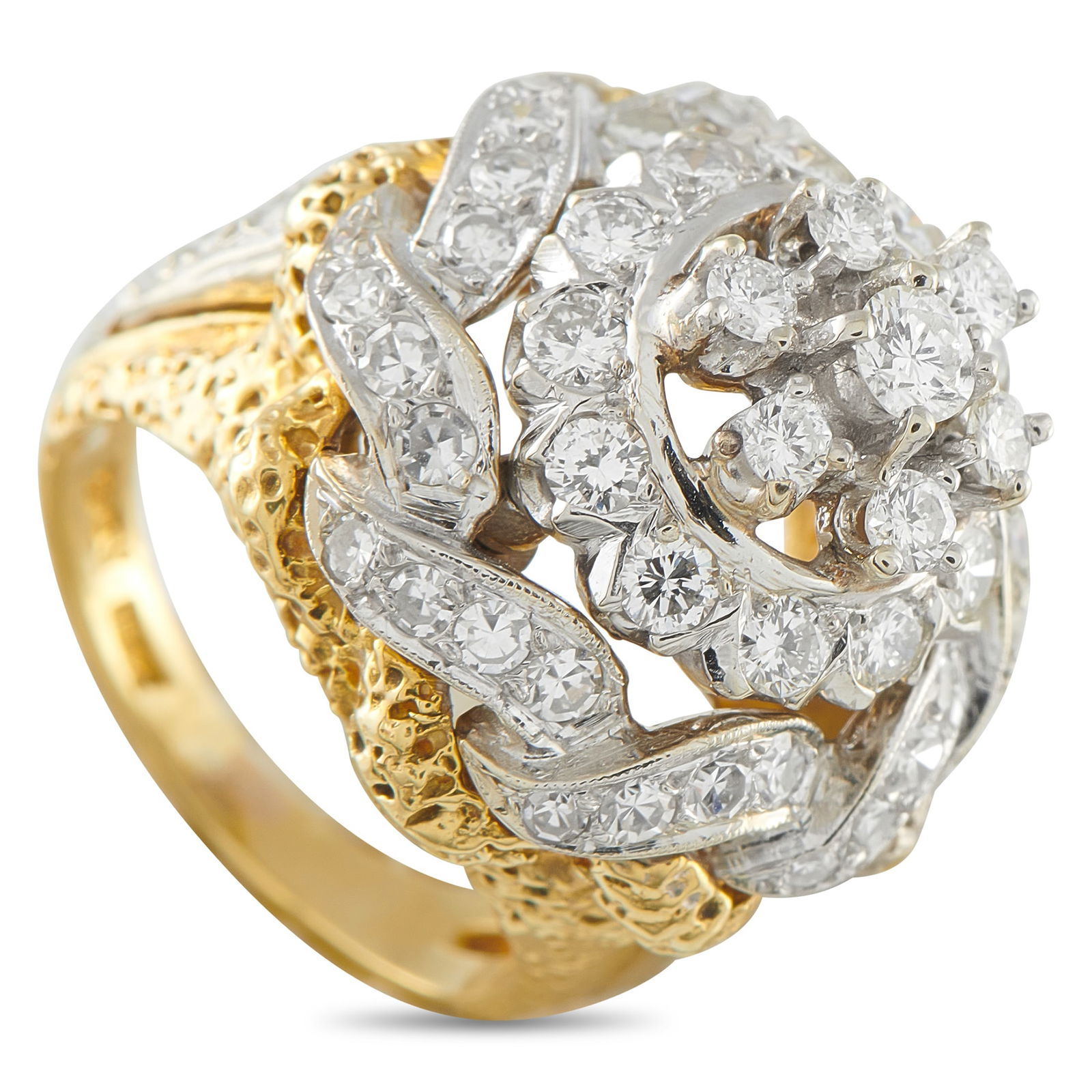 18K Yellow and White Gold 2.25ct Diamond Statement Ring: High-profile, richly worked, commanding. A true statement ring. This yellow and white gold piece features a prominent diamond cluster rising from a slim 3mm band. Multiple tiers of round brilliant dia