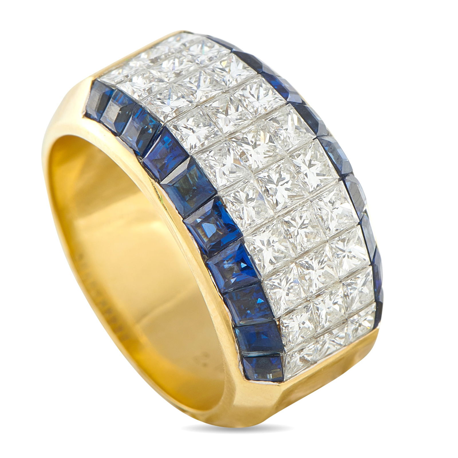 Quad18K Yellow Gold 2.14ct Diamond and Emerald Ring: This Quad ring is instantly eye-catching. Diamonds with a total weight of 2.14 carats make a statement at the center of the design. At each end, Sapphire stones with a total weight of 1.94 carats prov