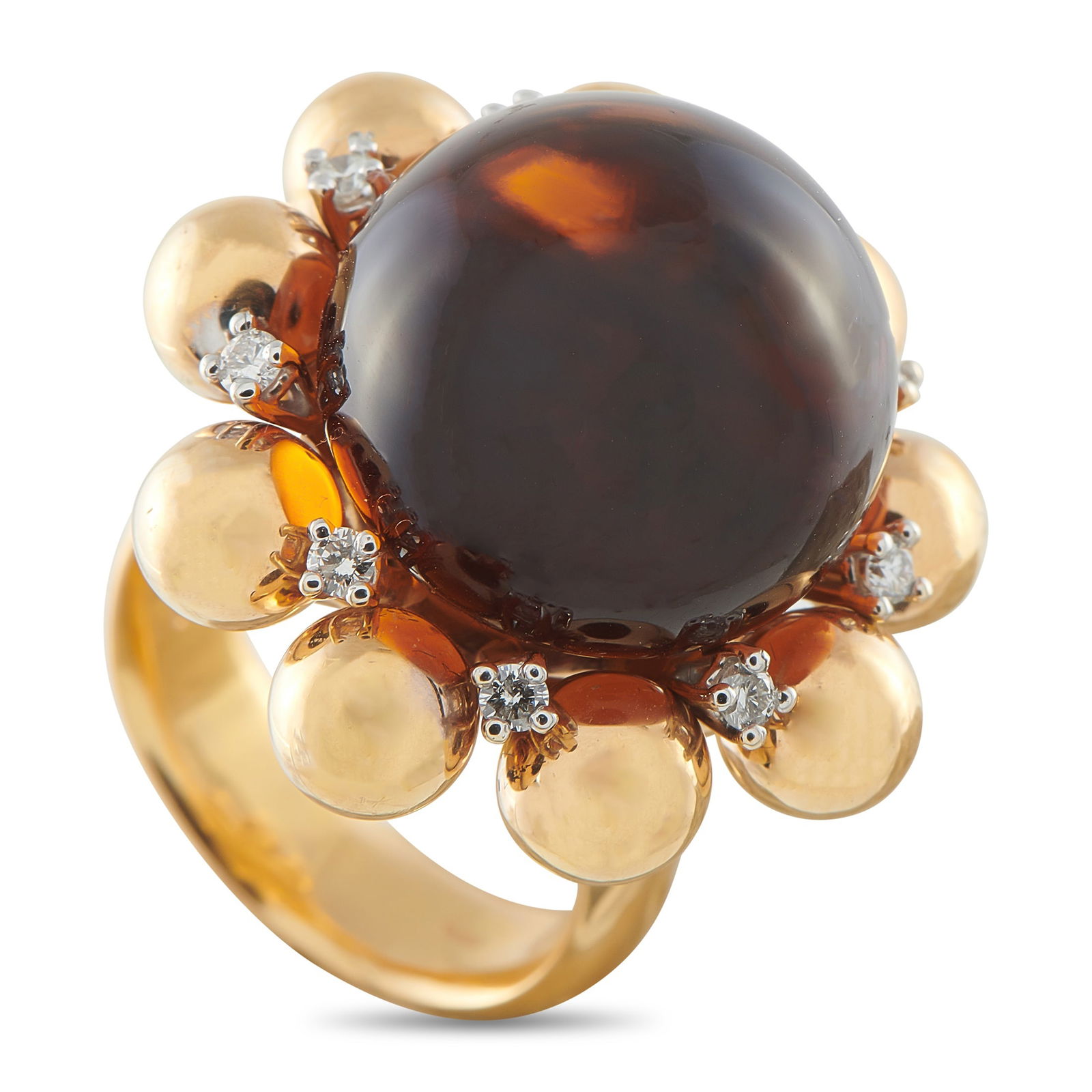 18K Yellow Gold 0.27ct Diamond and Citrine Ring: A unique design makes this luxury ring unlike anything you’ve seen before. The cut of the deep-hued Citrine center stone mimics the rounded shapes found on the 18K Yellow Gold setting. Diamond accen