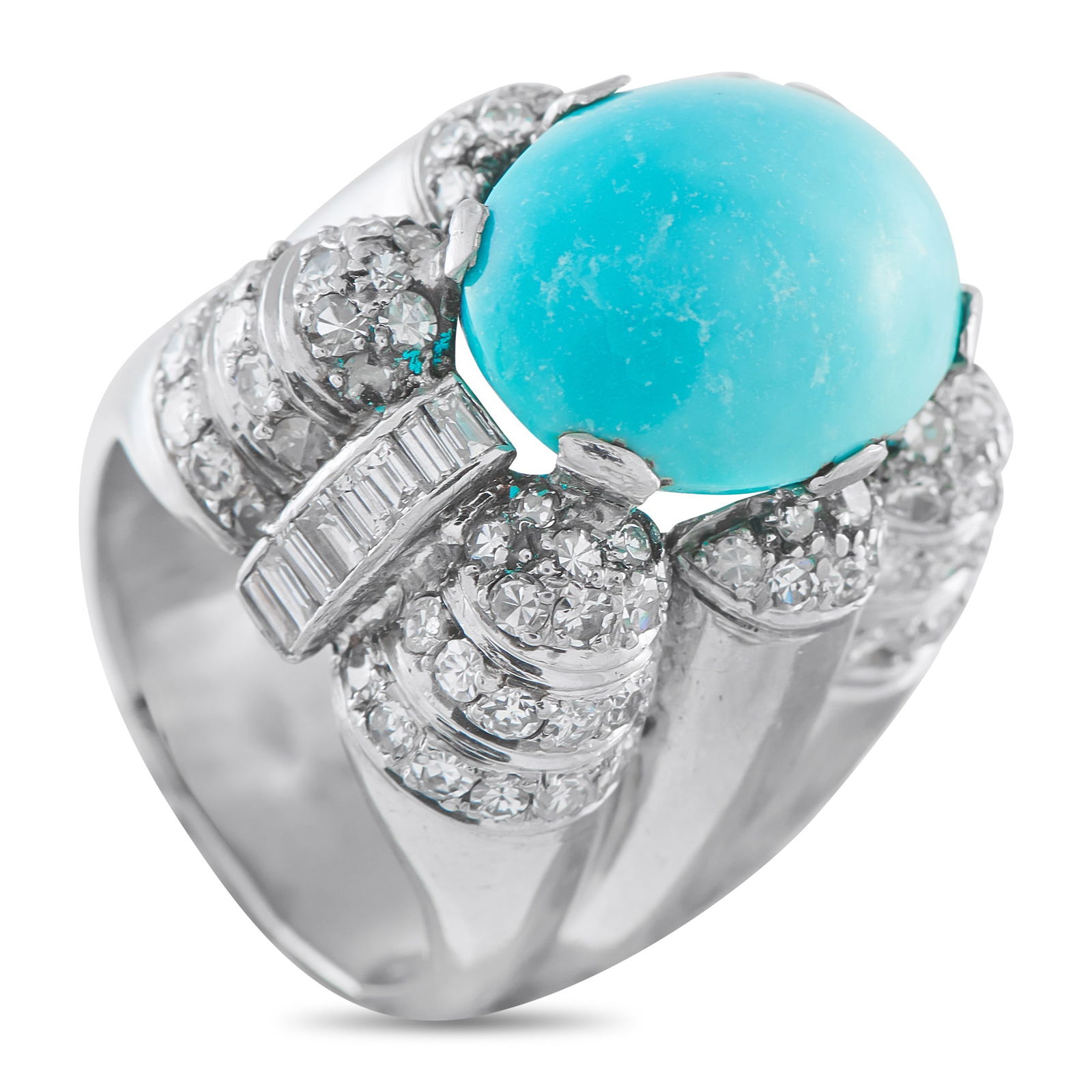 14K White Gold 1.50ct Diamond and Turquoise Ring: A bold 14K White Gold setting sets the stage for this stylish luxury ring. At the center, a 11.60 carat Turquoise gemstone adds a bold pop of color. Inset Diamonds with a total weight of 1.50 carats s