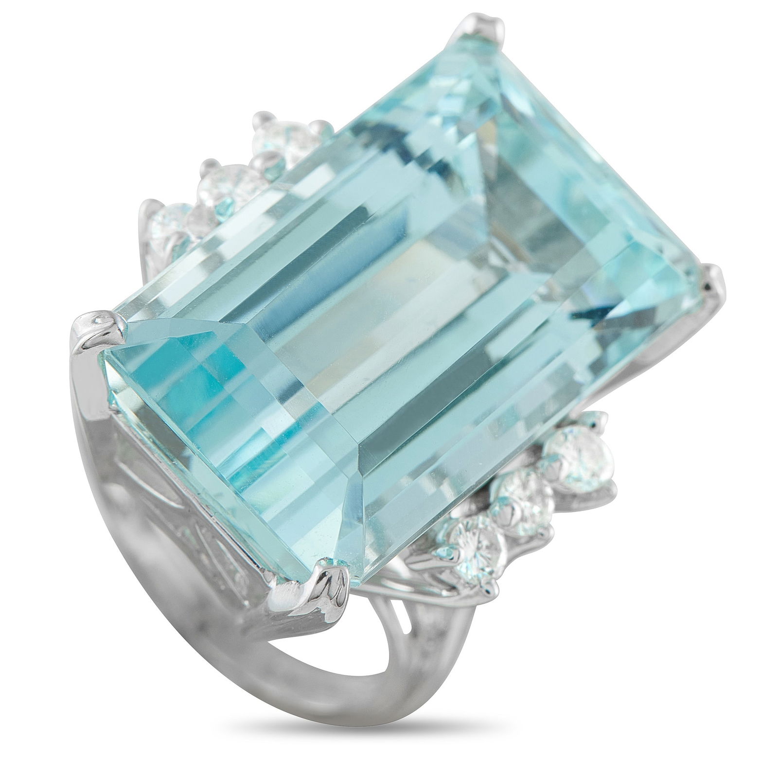 14K White Gold 0.36ct Diamond and Aquamarine Ring: A breathtaking 25.0 carat Aquamarine gemstone takes center stage on this impressive luxury ring. The vibrant center stone is flanked by Diamond accents totaling 0.36 carats, which add sparkle to the d