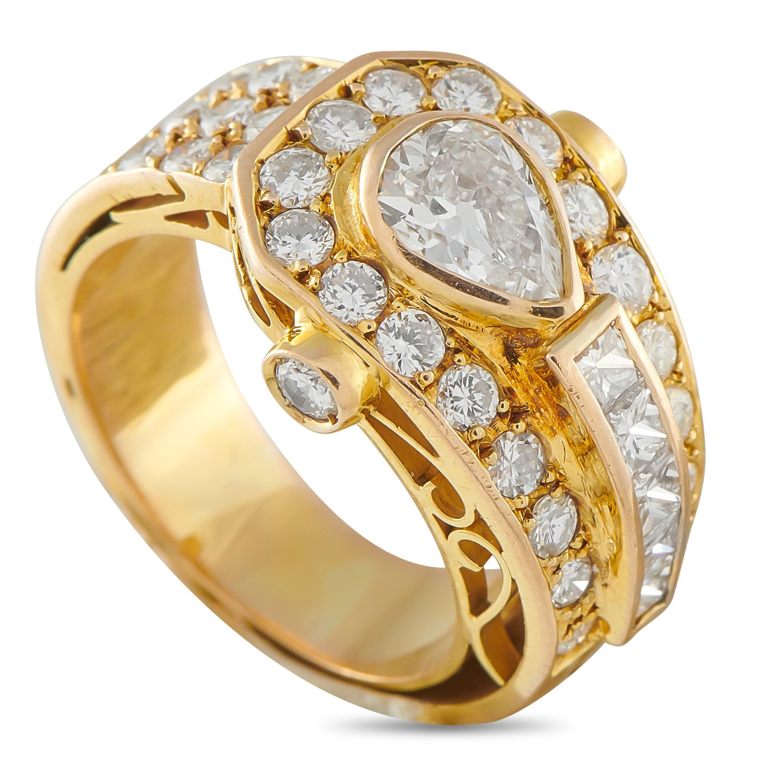 18K Yellow Gold 2.20ct Diamond Ring: Boldly wrapped and precisely set. This sculptural band features an overlap of metals and stones, creating depth and dimension. The 18K yellow gold band holds a 0.85 carat bezel-set pear-shaped diamond