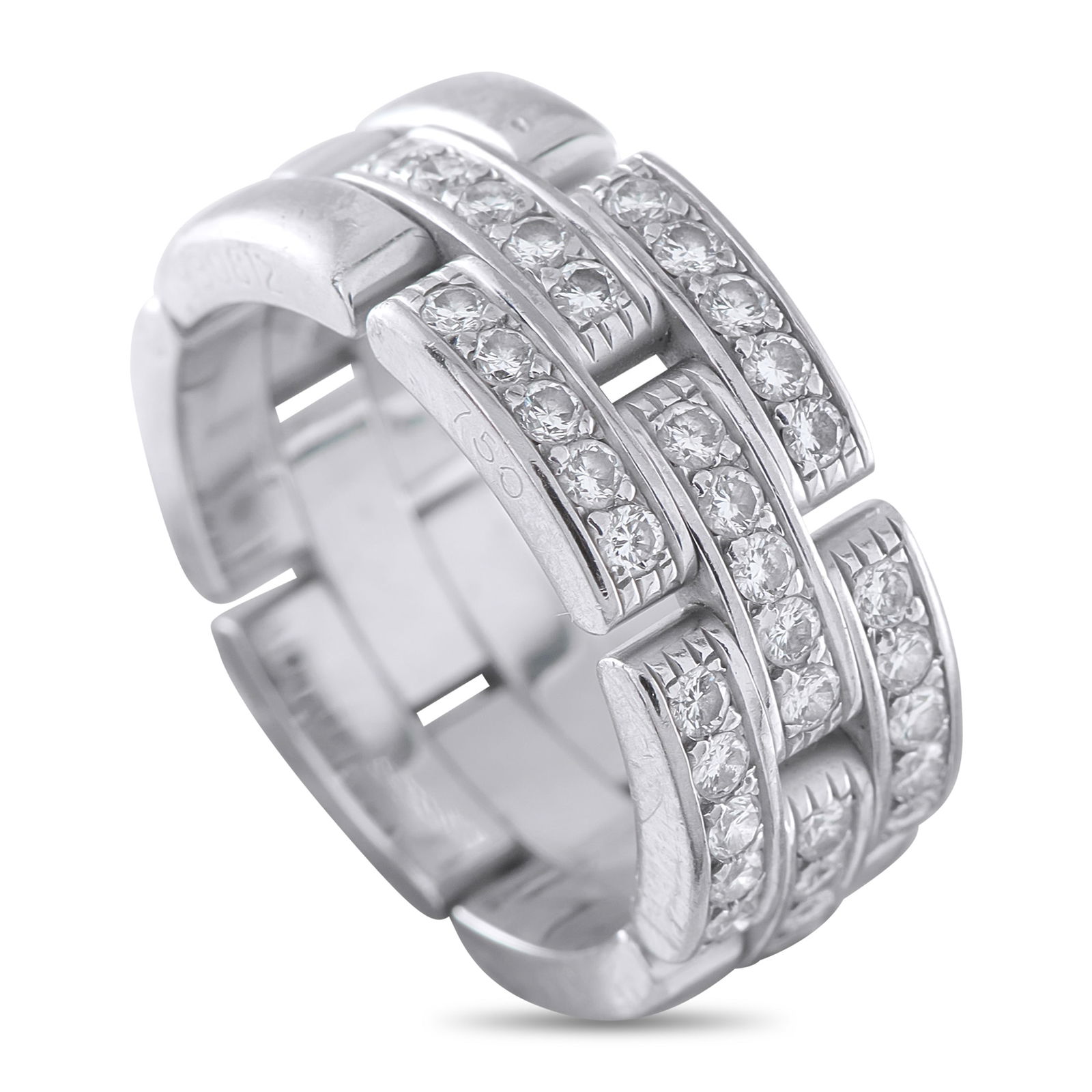 Cartier Maillon Panthère 18K White Gold Diamond Ring: This Cartier Maillon Panthère ring pairs obvious luxury with a minimalist aesthetic. The chain-link design is elevated thanks to pavé diamonds covering the top of the elegant 18K White Gold setting.