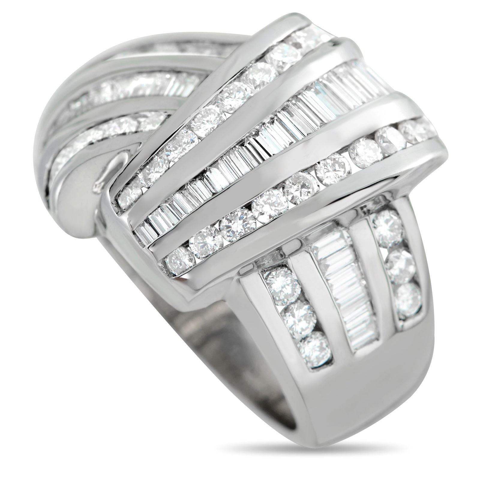 18K White Gold 2.30ct Diamond Ring: A bold 18K White Gold setting makes this ring impossible to ignore. The eye-catching design channels old fashioned opulence, while inset Diamonds totaling 2.30 carats provide plenty of sparkle. This l