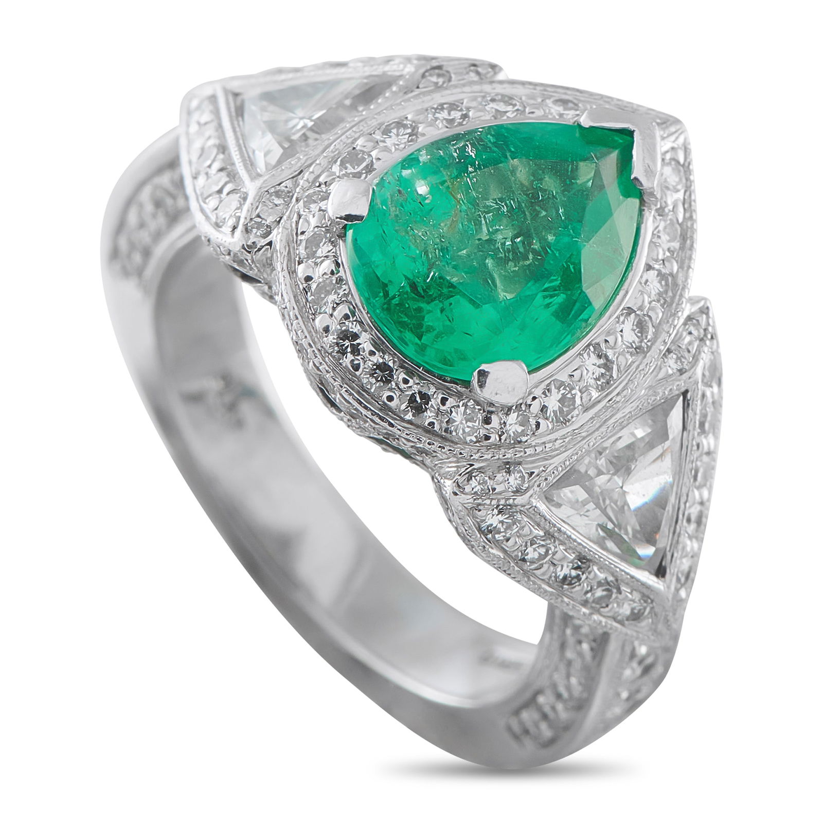 Platinum 2.50ct Diamond and Emerald Ring: This luxury ring is designed to look elegant from every angle. The ornate Platinum setting shines to life thanks to inset Diamonds totaling 2.50 carats. At the center, a stunning 3.50 carat pear-shape