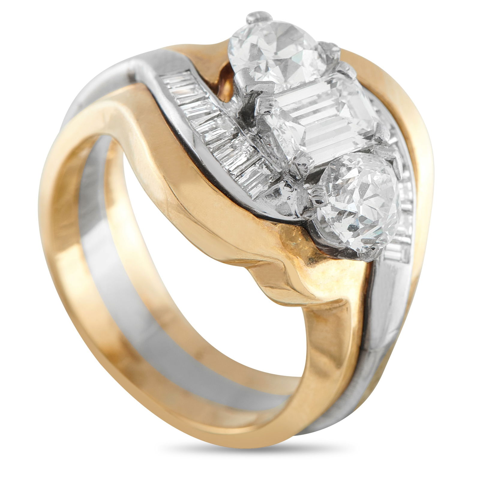 Platinum and 14K Yellow Gold 2.80ct Diamond Ring: This exceptional luxury ring offers a contemporary take on a classic three-stone design. A trio of center Diamonds – including an emerald-cut Diamond flanked by two round-cut Diamonds – total 2.80