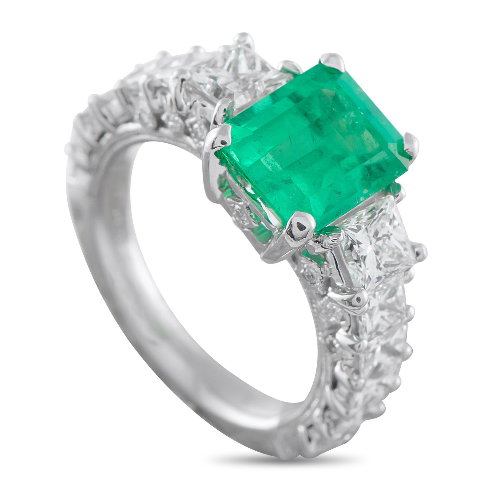Platinum 2.15ct Diamond and Emerald Ring: A breathtaking array of Diamonds totaling 2.15 carats allow this luxury ring to effortlessly catch the light. At the center, a 2.43 carat Emerald gemstone adds color and sophistication to the overall