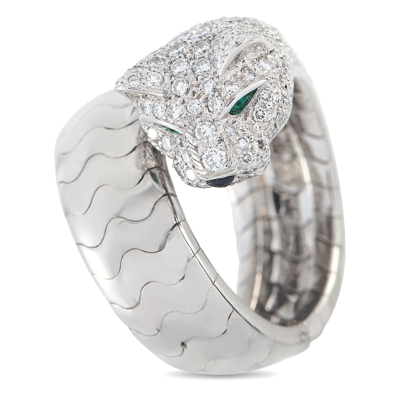 Cartier Panthere La Carda 18K White Gold Ring: A panther – the luxury brand’s iconic symbol of elegance – takes center stage on this Cartier Panthere La Carda ring. The textured 18K White Gold band is perfectly paired with pave-set Diamonds,