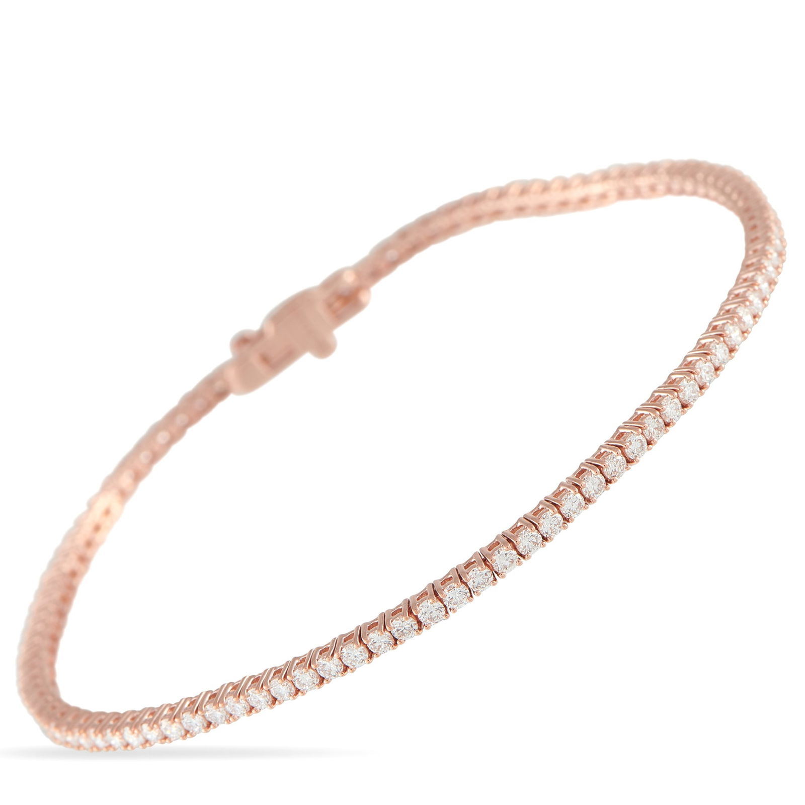 14K Rose Gold 2.05ct Lab-Grown Diamond Tennis Bracelet: Opulent 14K Rose Gold makes this classic tennis bracelet incredibly luxurious. A series of Lab Grown Diamonds with a total weight of 2.05 carats shine brightly from their place within the simple, unde