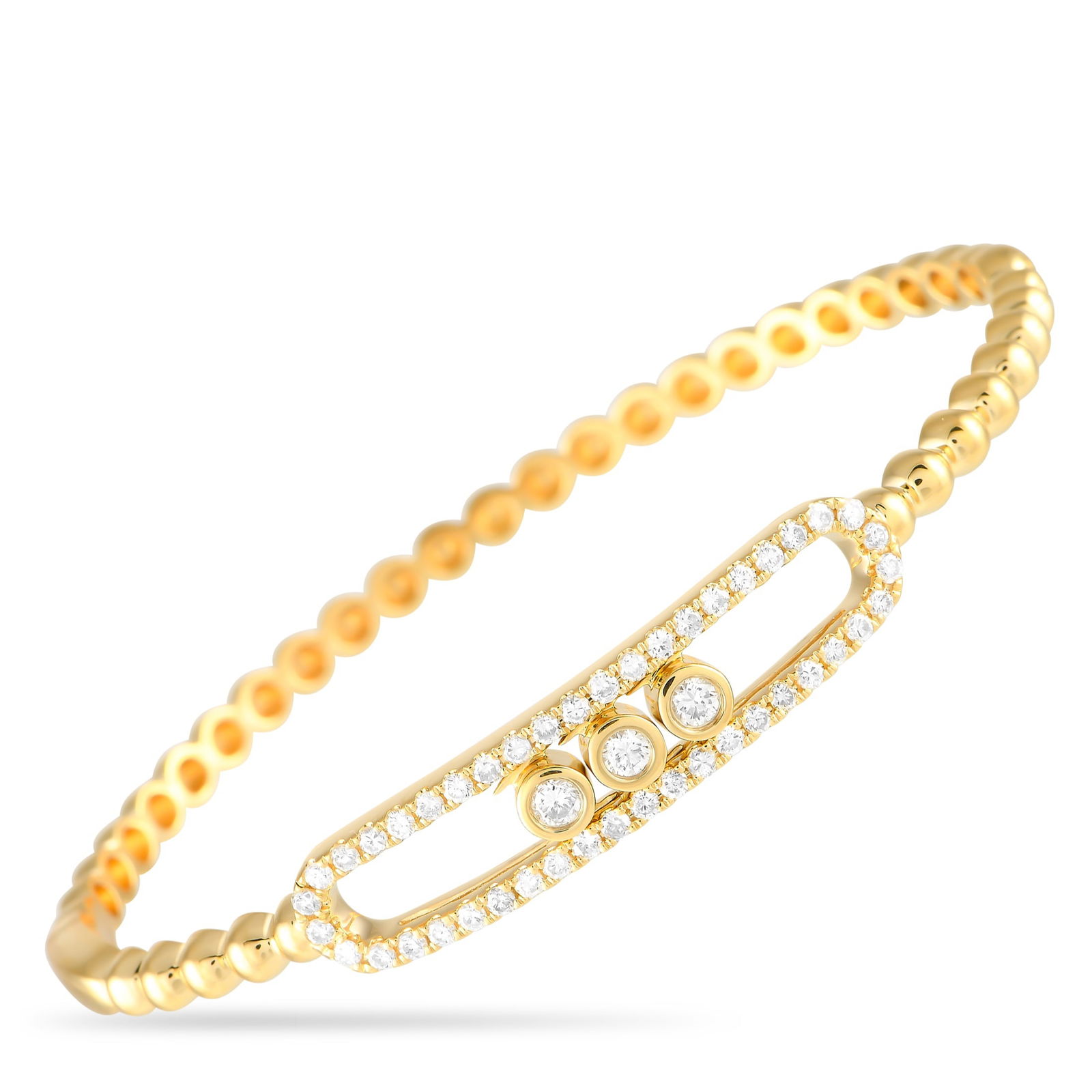 18K Yellow Gold 0.85ct Diamond Bracelet: This 18K Yellow Gold bangle bracelet will never go out of style. Elegant and understated, this impressive accessory combines a beaded band with sparkling Diamonds totaling 0.85 carats – including a
