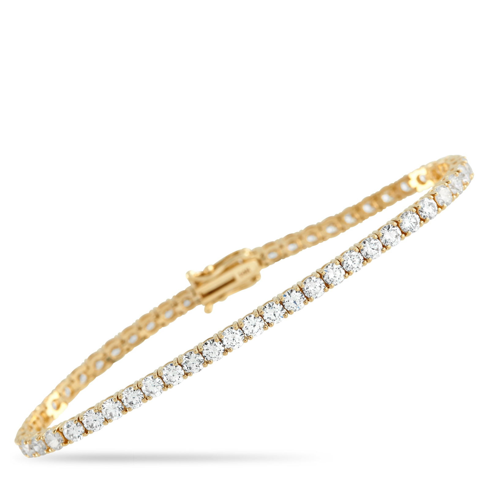 14K Yellow Gold 6.50ct Lab-Grown Diamond Tennis Bracelet: This classic tennis bracelet is poised to make a subtle statement. Lab Grown Diamonds with a total weight of 6.50 carats make this elegant piece impossible to ignore. It’s crafted from 14K Yellow Go