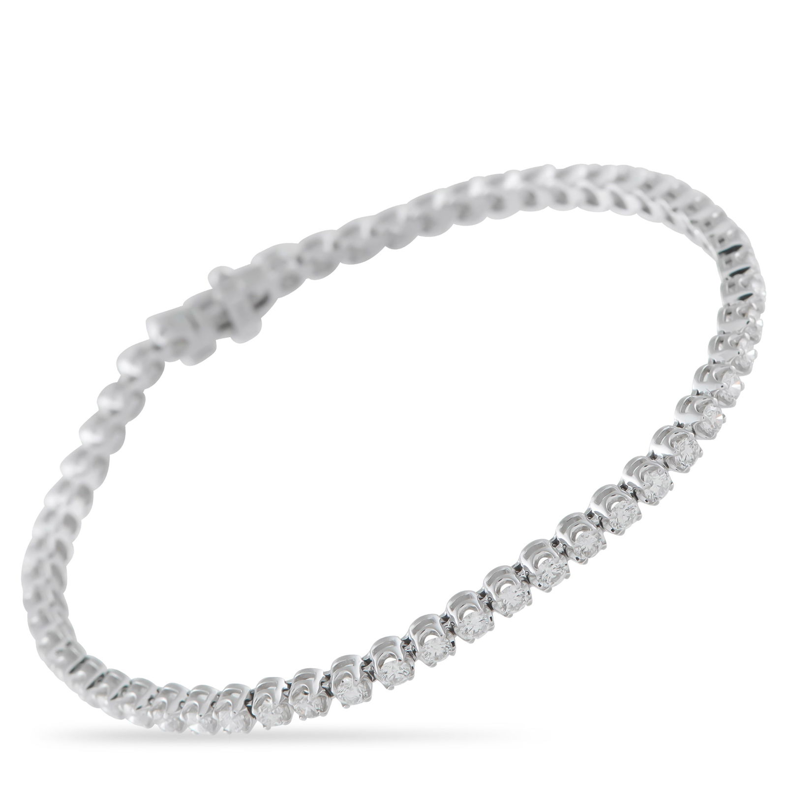 14K White Gold 3.0ct Diamond Tennis Bracelet: More than a standard tennis bracelet, this piece boasts an open basket design that allows light to pour in from all angles. Each basket in the 7-inch-long series holds a round diamond and has a side o