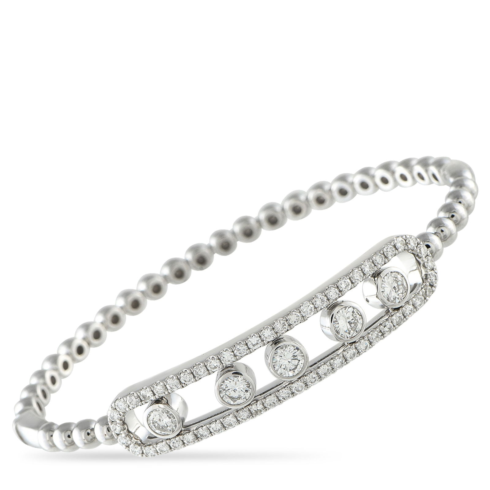 14K White Gold 2.10ct Diamond Bracelet: This 14K white gold bracelet brings a contemporary spin to the classic rigid bangle silhouette. It features a beaded white gold frame for texture and presence, detailed with an elongated track in fron