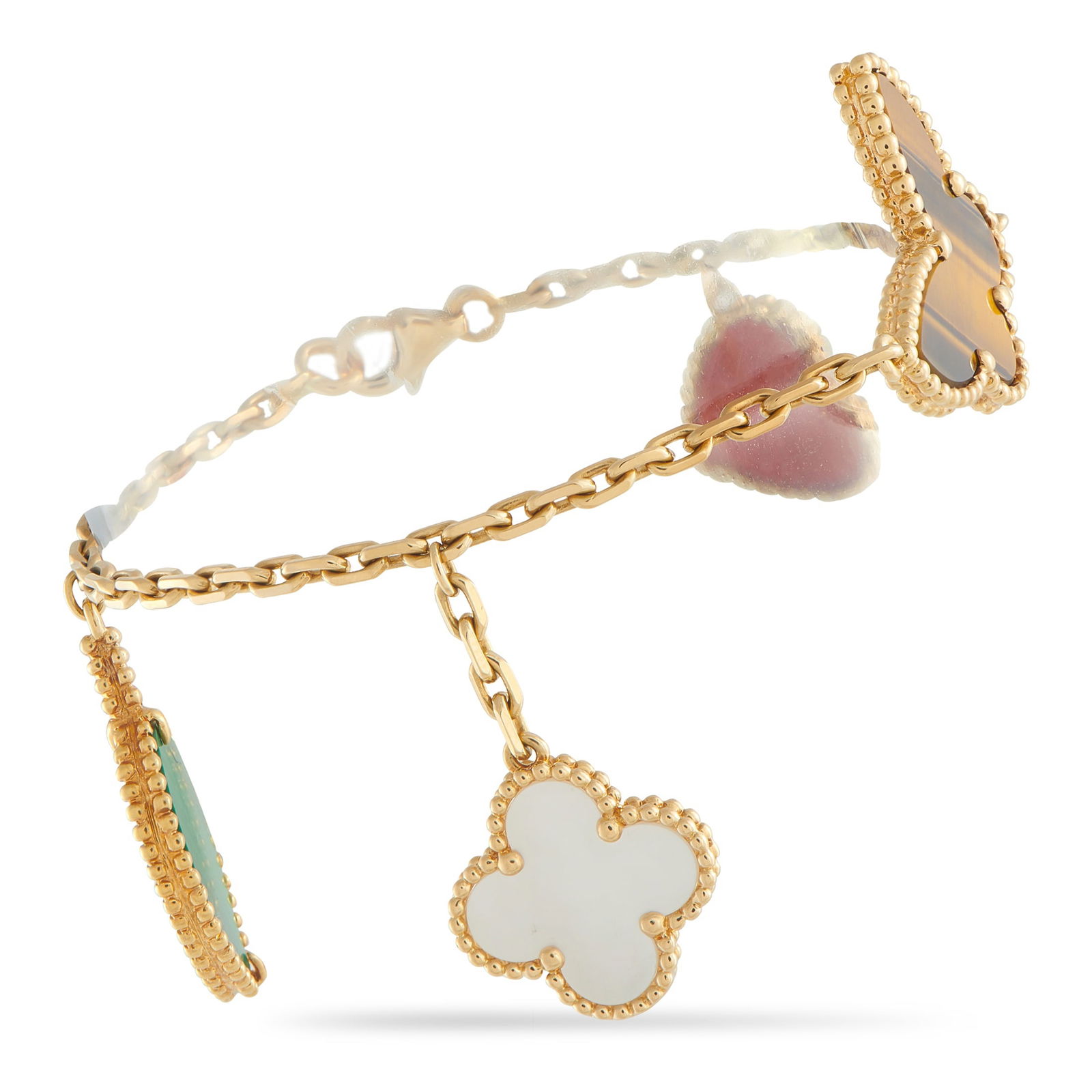 Van Cleef & Arpels Lucky Alhambra 18K Yellow Gold Charm Bracelet: This playful Van Cleef & Arpels Lucky Alhambra bracelet celebrates beauty in all its forms. An array of colors and shapes come together to create this captivating accessory, which includes the brand��