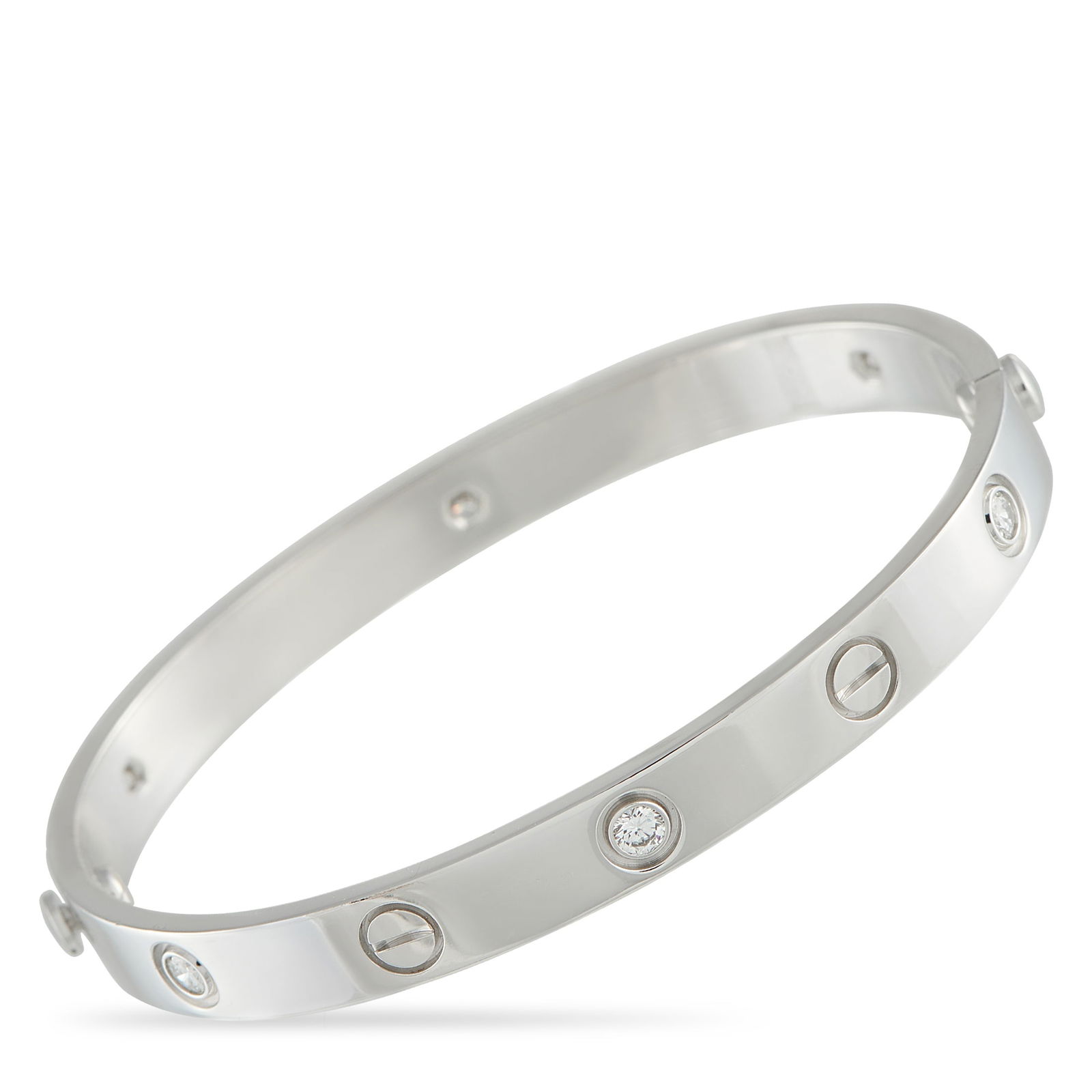 Cartier LOVE 18K White Gold 6-Diamond Bracelet: This Cartier LOVE bracelet is one of the luxury brand’s most iconic pieces. Sleek and stylish, this 18K White Gold bangle features a series of 6 round-cut diamonds and circular motifs. It measures 6