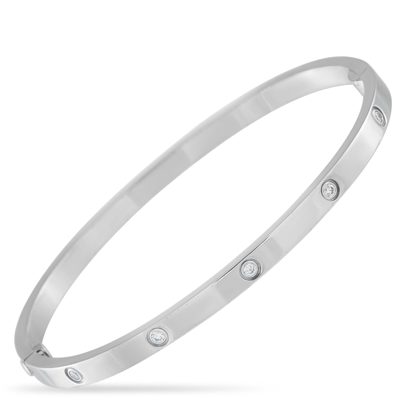 Cartier LOVE 18K White Gold 10 Diamond Bracelet: Like all pieces from the collection, this Cartier Love bracelet offers a simple, straightforward design that is undeniably sophisticated. A series of 10 round-cut Diamonds accent the sleek 18K White G