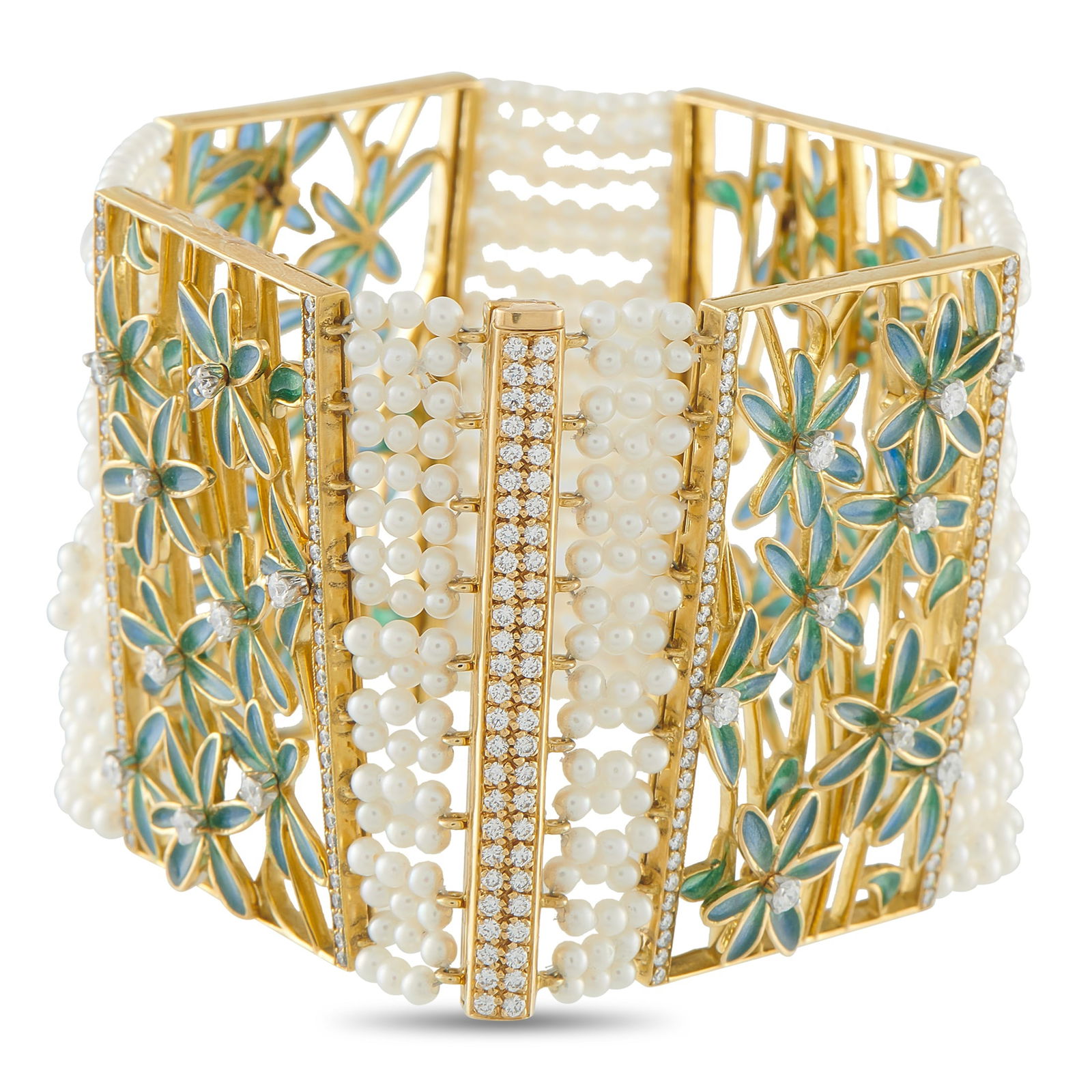 Cicada 18K Yellow Gold 2.65ct Diamond Bracelet: Exquisite details make this Cicada bracelet impossible to ignore. Crafted from 18K Yellow Gold, the structured design is softened by pearlescent accents, colorful floral motifs, and Diamonds with a to