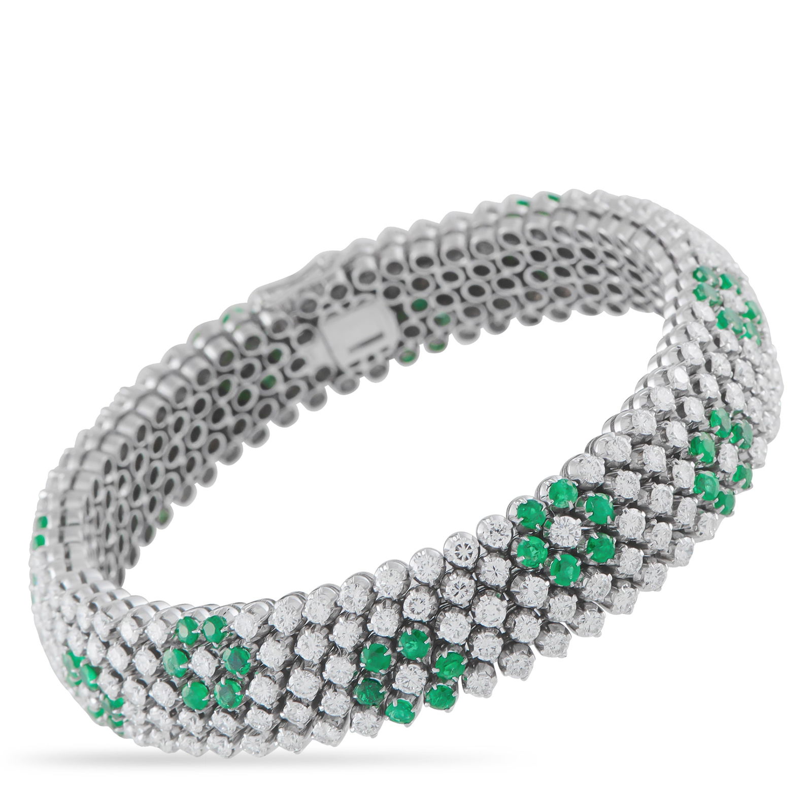 18K White Gold 11.0ct Diamond and Emerald Bracelet: Covered in sparkling gemstones, this luxurious bracelet is impossible to ignore. Diamonds with a total weight of 11.0 carats make it instantly eye-catching, while vibrant Emerald accents totaling 6.50