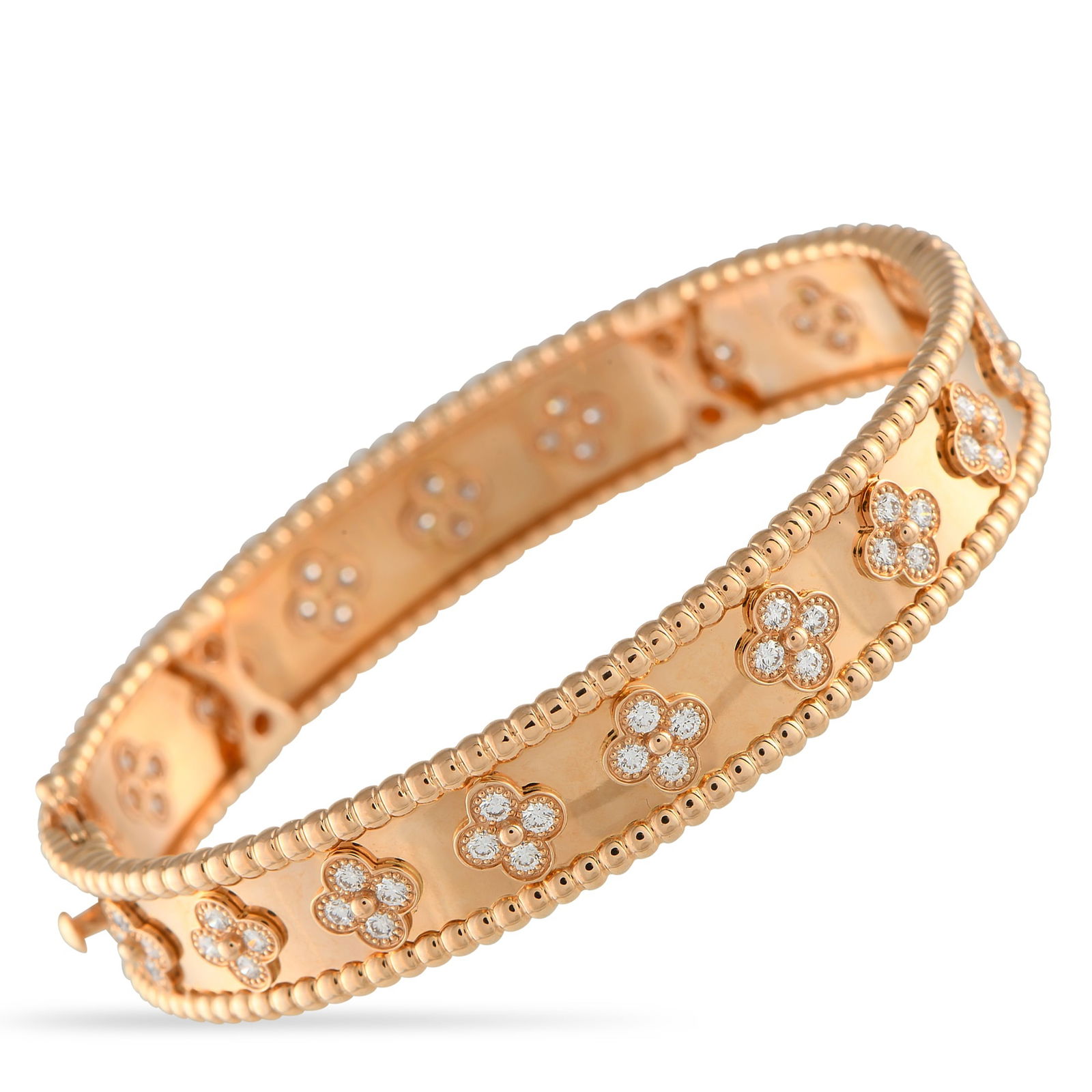 Van Cleef & Arpels Perlée Clovers 18K Rose Gold Diamond Bracelet: The small model Perlée Clovers bracelet by Van Cleef & Arpels is crafted in 18K rose gold. The edges feature the brand’s iconic beaded design. Diamonds arranged in four-leaf clover motifs run along