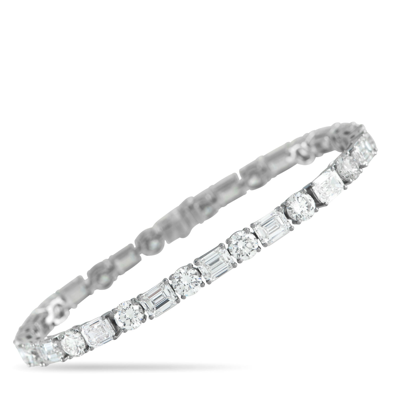 18K White Gold 19.85ct Diamond Tennis Bracelet: This luxury tennis bracelet is classic, sophisticated, and perfect for any occasion. Round cut Diamonds with a total weight of 8.10 carats alternate with emerald cut Diamonds totaling 11.75 carats, al