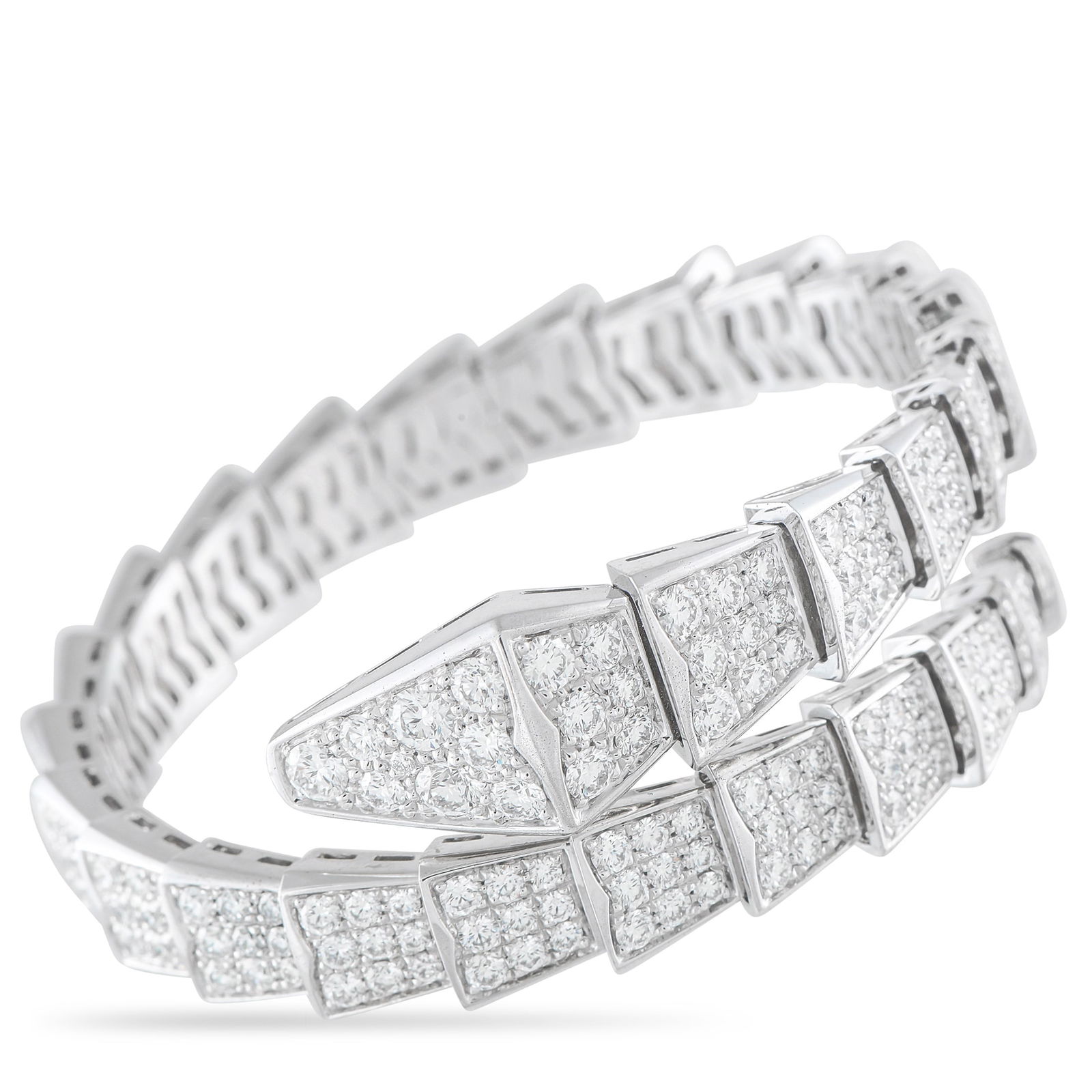 Bvlgari Serpenti Viper 18K White Gold Diamond Bracelet: This Bvlgari Serpenti Viper bracelet is bold and breathtaking. An elevated take on one of the brand’s most iconic symbols, this piece’s 18K White Gold setting effortlessly coils around the wrist.