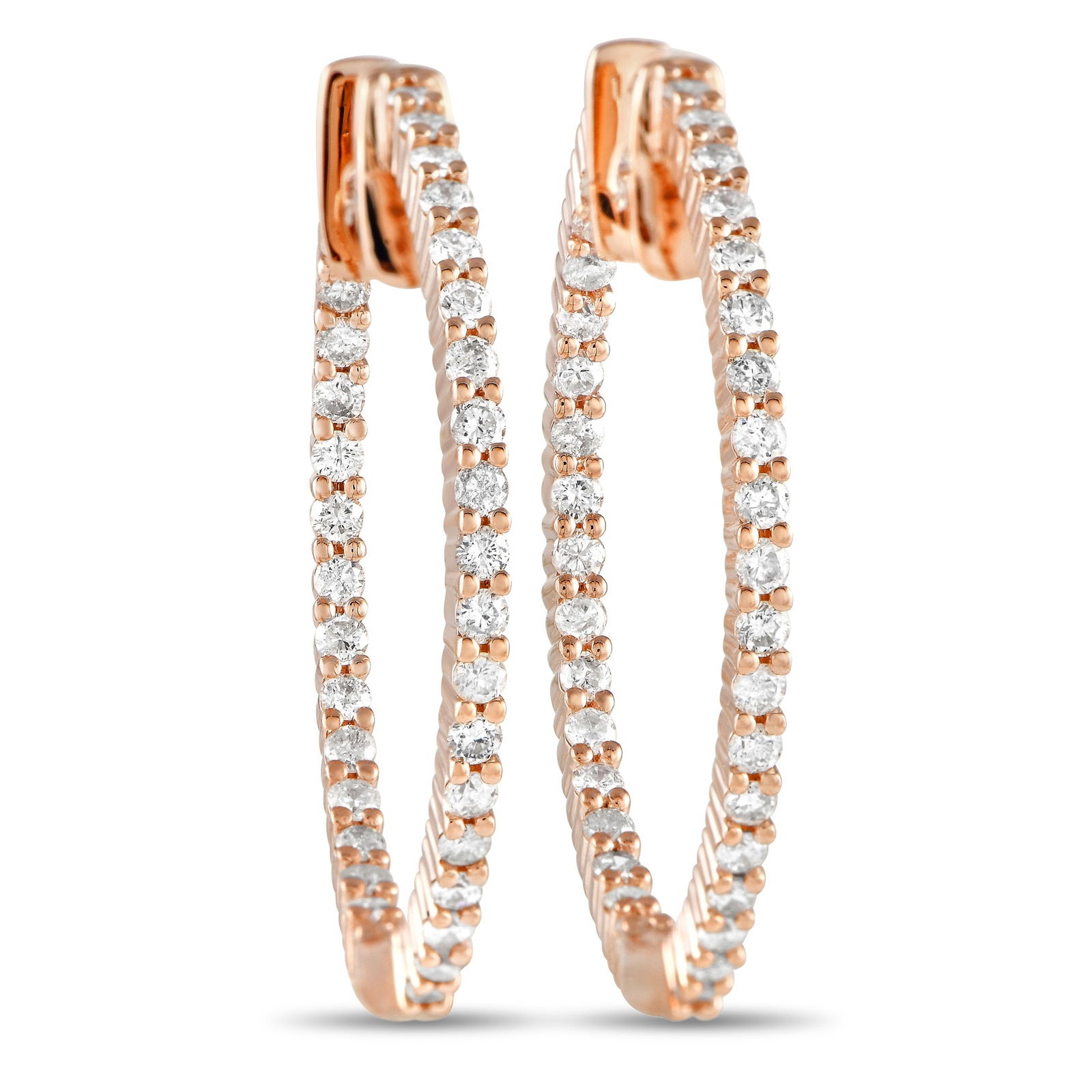 14K Rose Gold 1.0ct Diamonds Inside-Out Hoop Earrings: Feminine yet powerful, these rose gold diamond hoops make a versatile addition to your jewelry collection. Each hoop measures 1? x 1? and features an inside-out row of sparkling diamonds. The glitteri