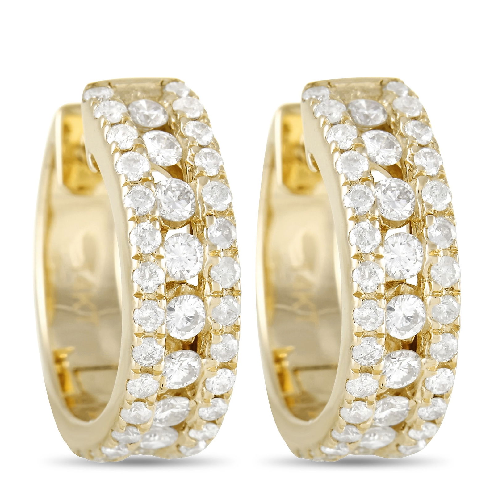 14K Yellow Gold 1.0ct Diamond Hoop Earrings: These stylish hoop earrings will sparkle and shine every time they catch the light. On these earrings – which measure .5” round – a warm 14K yellow gold setting provides the perfect foundati
