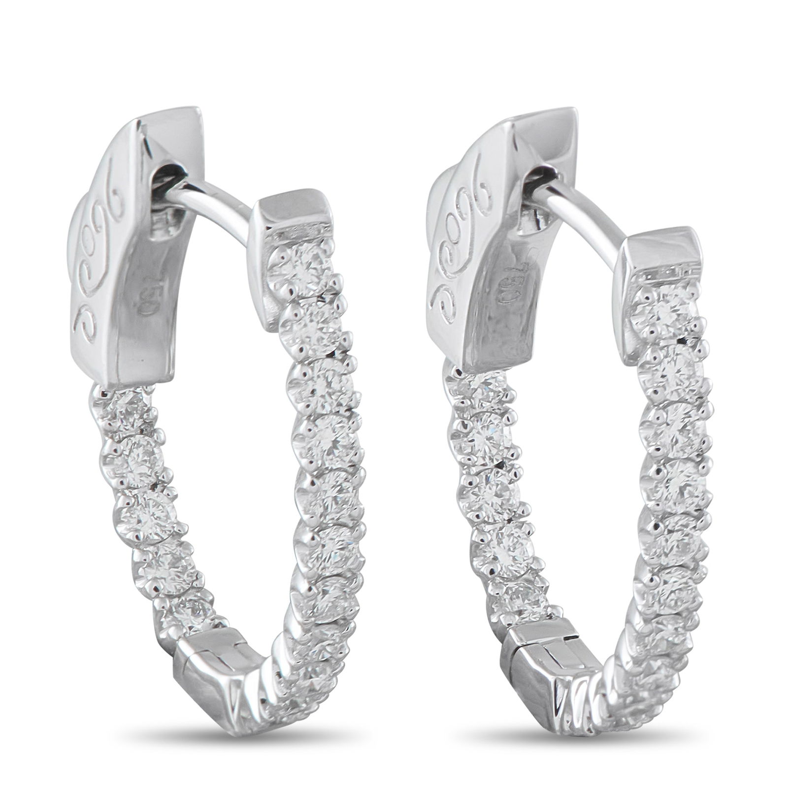 18K White Gold 0.52ct Diamond Inside-Out Huggie Hoop Earrings: Add a touch of sparkle to any ensemble with these elegant earrings. Crafted from 18K White Gold, each one features a curved setting that measures 0.75” long by 0.63” wide. Diamonds with a