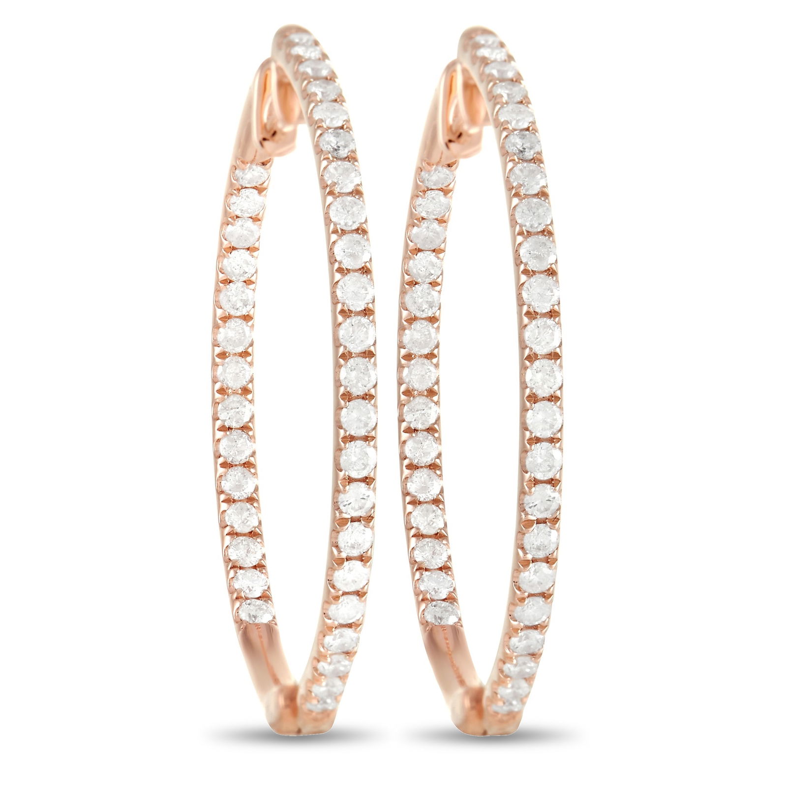 14K Rose Gold 1.0ct Diamond Hoop Earrings: These stylish hoop earrings are poised to make a sparkling statement. Each one of these bold 1” round hoops is made from opulent 14K Rose Gold and comes complete with a series of shimmering roun