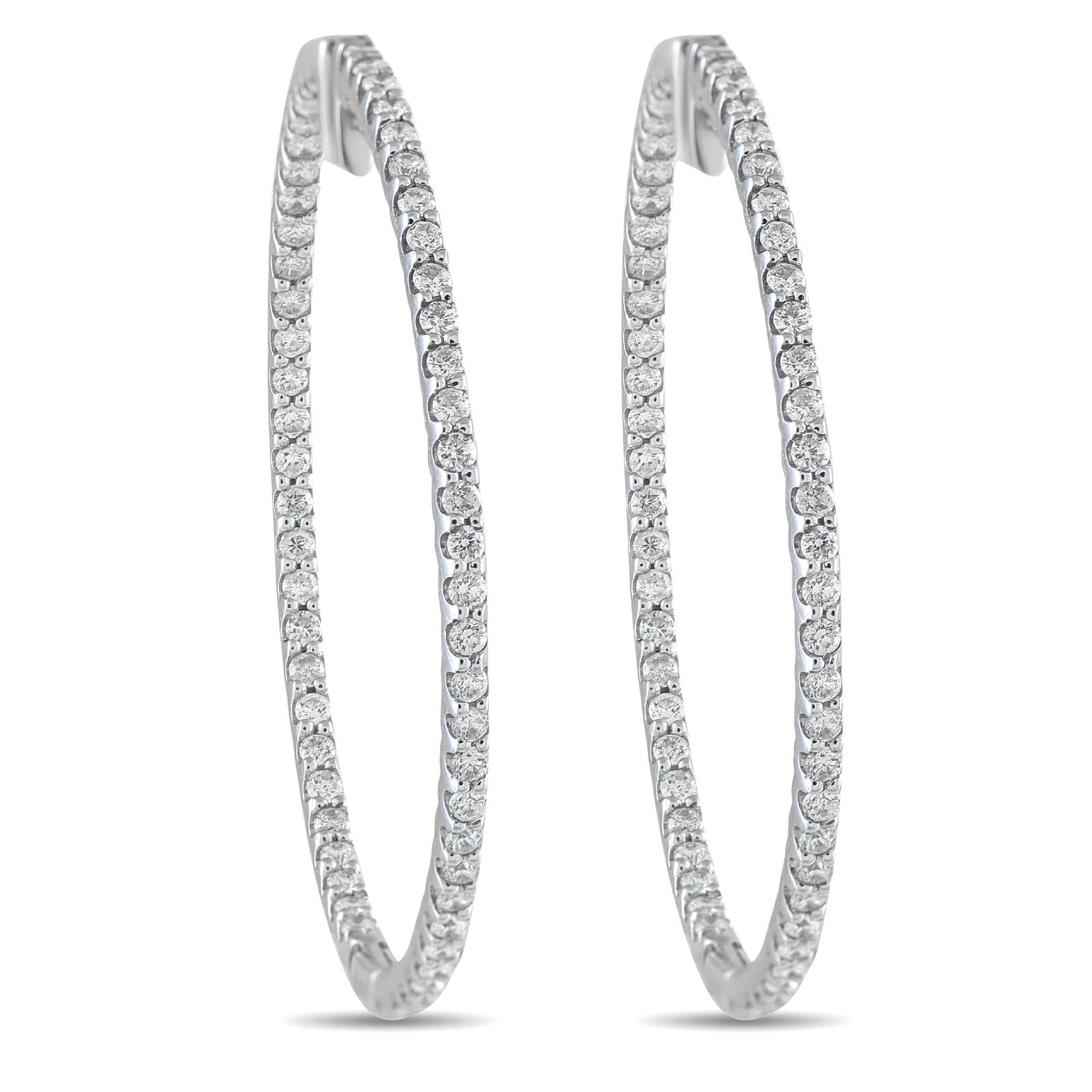 14K White Gold 1.77ct Diamond Inside-Out Hoop Earrings: These luxury hoop earrings offer an updated take on a classic accessory. The simple 14K White Gold settings come to life thanks to inset Diamonds with a total weight of 1.77 carats. Ideal for any occa
