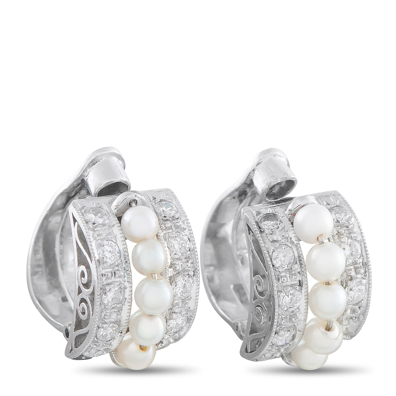 Platinum 0.40ct Diamond and Pearl Clip-On Earrings: These earrings feature a classically elegant design that will never go out of style. Set in Platinum, a series of Pearls accent the center of the curved design. Diamonds with a total weight of 0.40 ca