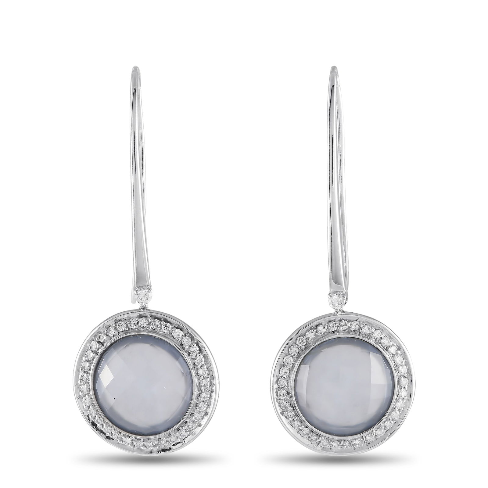 Casato 18K White Gold 0.65ct Diamond and Chalcedony Drop Earrings: Sleek and incredibly elegant, these sophisticated Casato earrings are ideal for anyone with a minimalist aesthetic. The streamlined 18K white gold setting beautifully showcases the capitating round ch