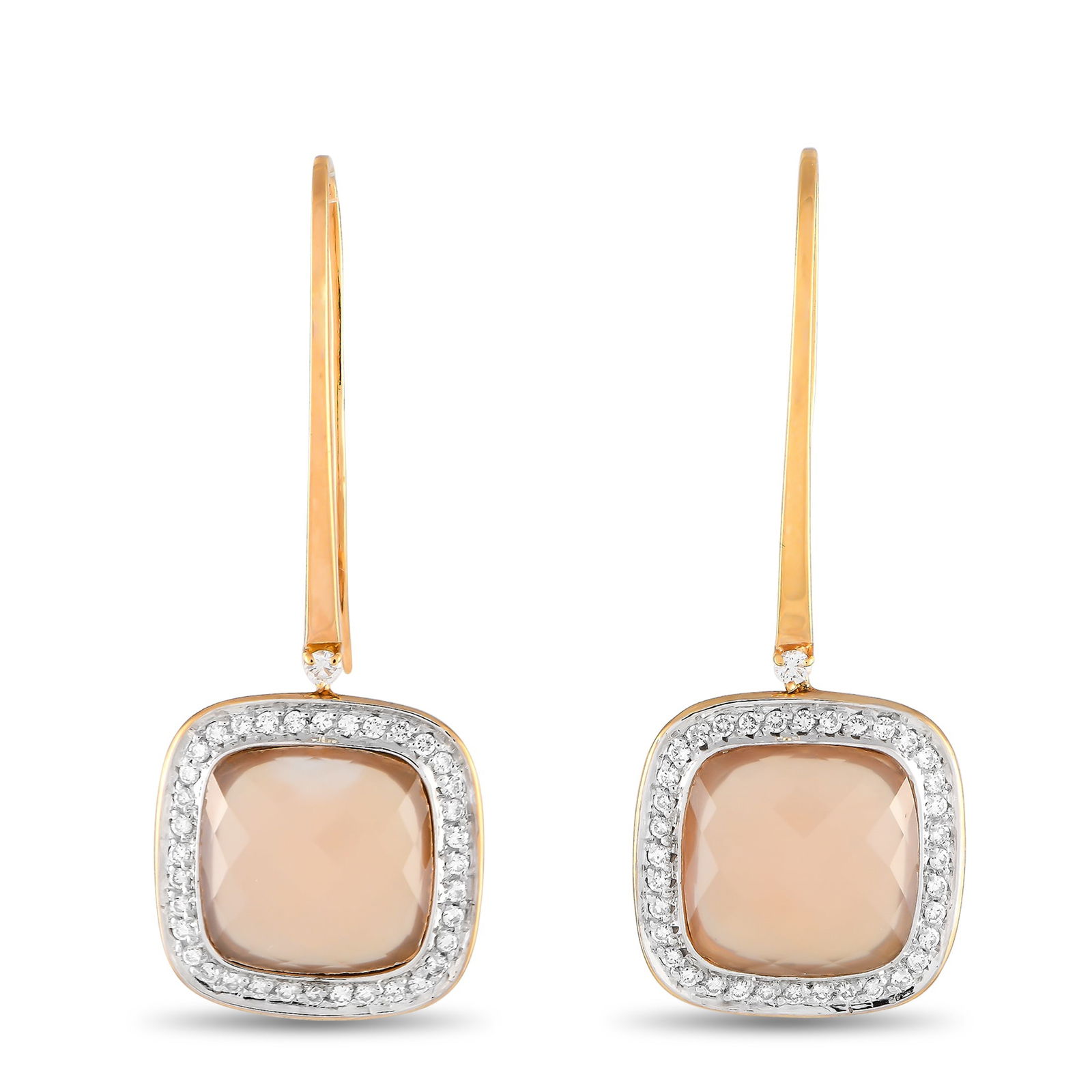 Casato 18K Yellow Gold Diamond and Chalcedony Drop Earrings: Add warmth and opulence to any ensemble with these elegant Casato earrings. The sleek 18k yellow gold setting beautifully complements the translucent chalcedony gemstones, which are further elevated b