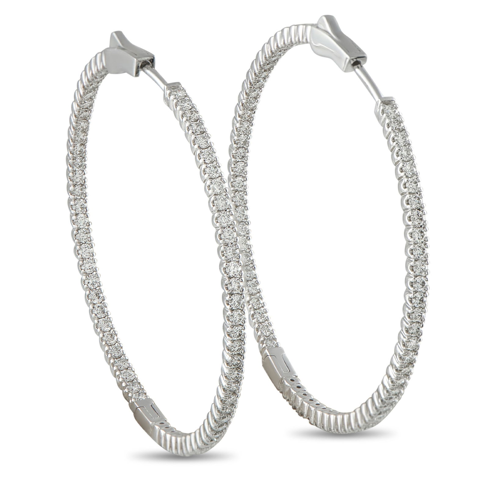 14K White Gold 2.02ct Diamond Hoop Earrings: These effortless hoop earrings will never go out of style. Crafted from 14K White Gold, Diamonds with a total weight of 2.02 carats make them a luxurious addition to any jewelry collection. Each earri