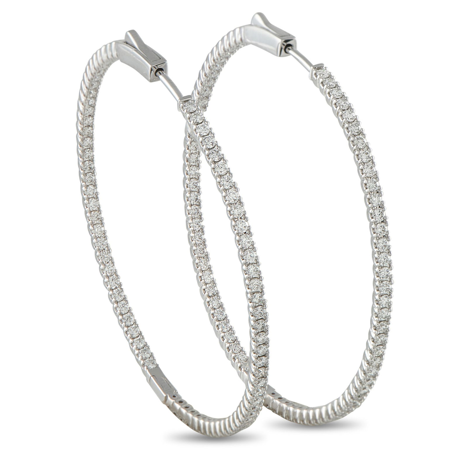 14K White Gold 2.35ct Diamond Inside-Out Hoop Earrings: Add a touch of sophistication to any ensemble with these hoop earrings. Diamonds with a total weight of 2.35 carats shine brightly from their place within the elegant 14K White Gold settings. Ideal fo