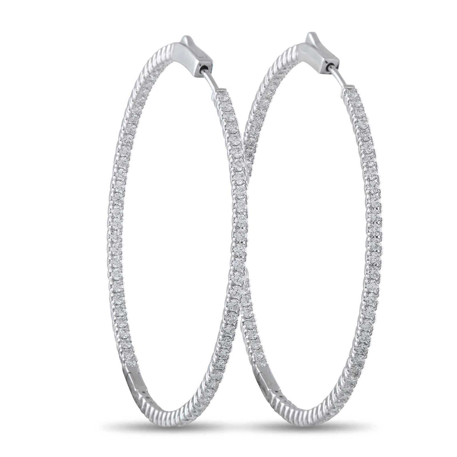 14K White Gold 2.40ct Diamond Inside-Out Hoop Earrings: Diamonds with a total weight of 2.40 carats allow these luxury hoop earrings to seemingly radiate light. Stylish and sophisticated, the minimalist 14K White Gold setting measures 1.88” round. Ea