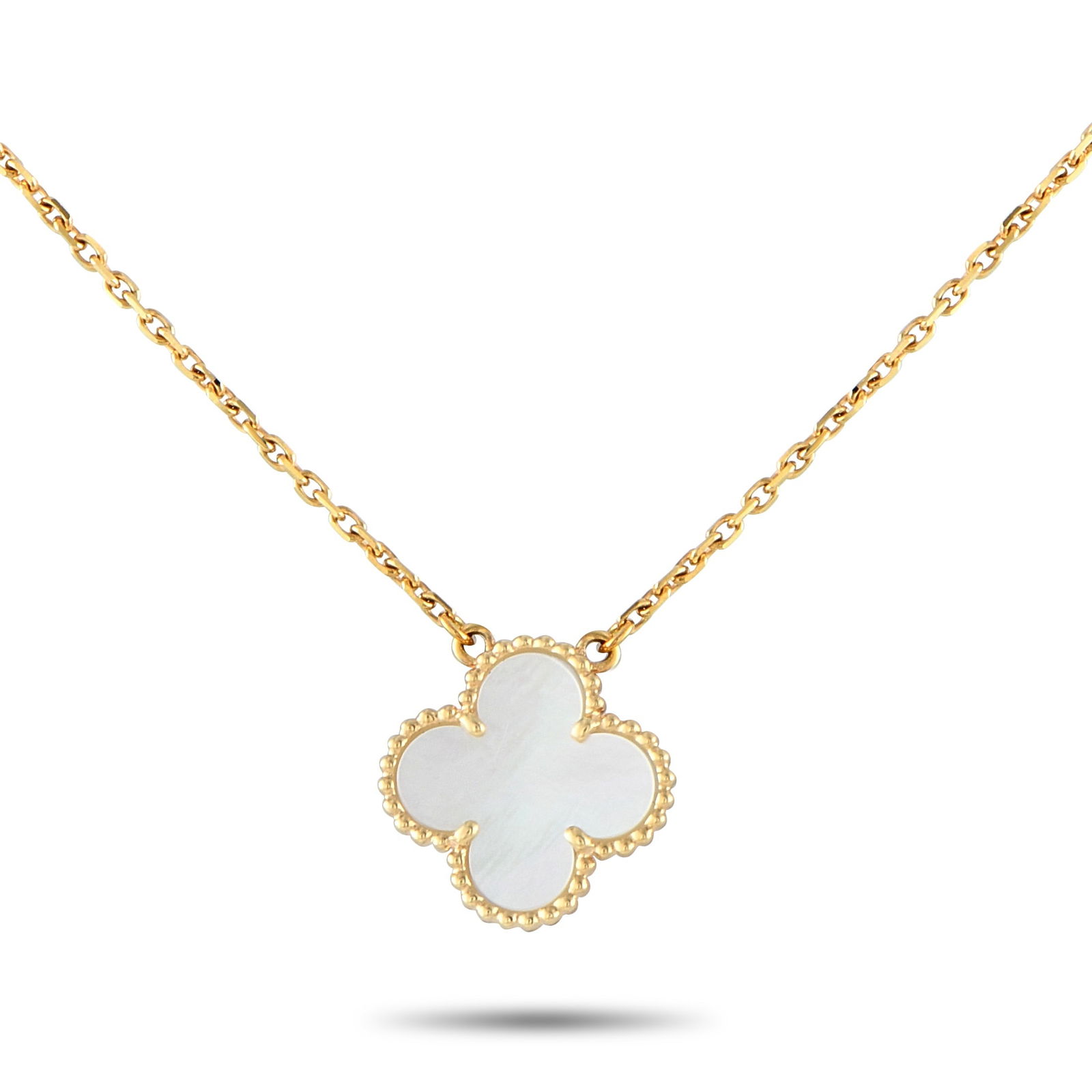 Van Cleef & Arpels Alhambra 18K Yellow Gold Mother of Pearl Necklace: This Van Cleef & Arpels Alhambra necklace is an iconic piece with a timeless sense of style. At the center of the 16” chain, the classic clover-shaped pendant includes an inset Mother of Pearl c