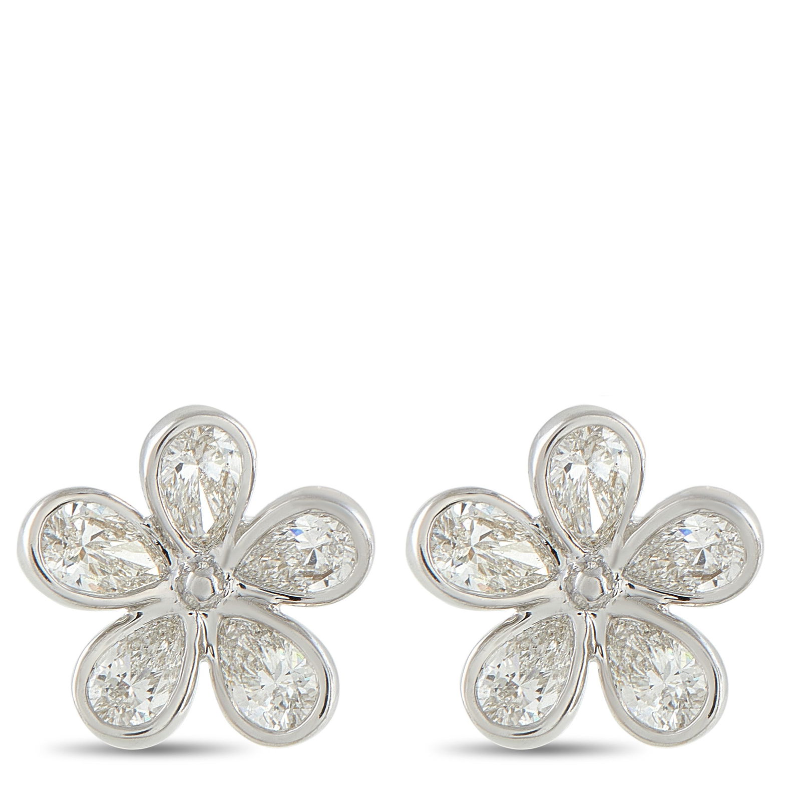 18K White Gold 2.50ct Diamond Flower Earrings: Delicate yet dazzling, these flower-shaped studs bloom in 18K white gold. Five pear-cut diamonds form the petals, each set in polished bezels that let every facet shine. Together, they total 2.5 carat