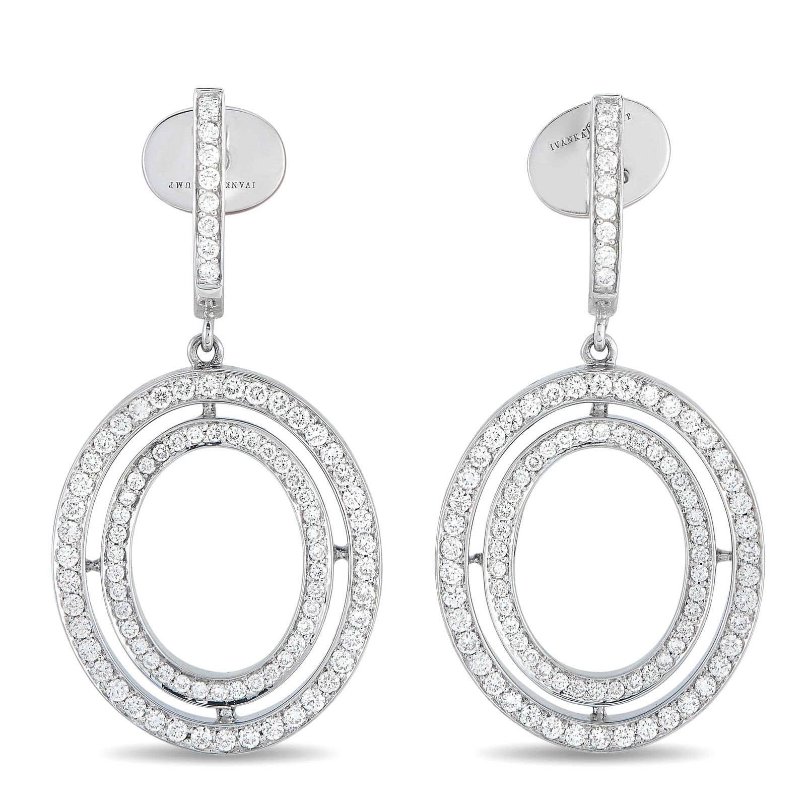 Ivanka Trump18K White Gold 2.48ct Diamond Drop Earrings: A stunning circular design makes these Ivanka Trump earrings an exciting addition to any jewelry collection. Bold and incredibly impressive, the 18K White Gold settings shine to life thanks to Diamond