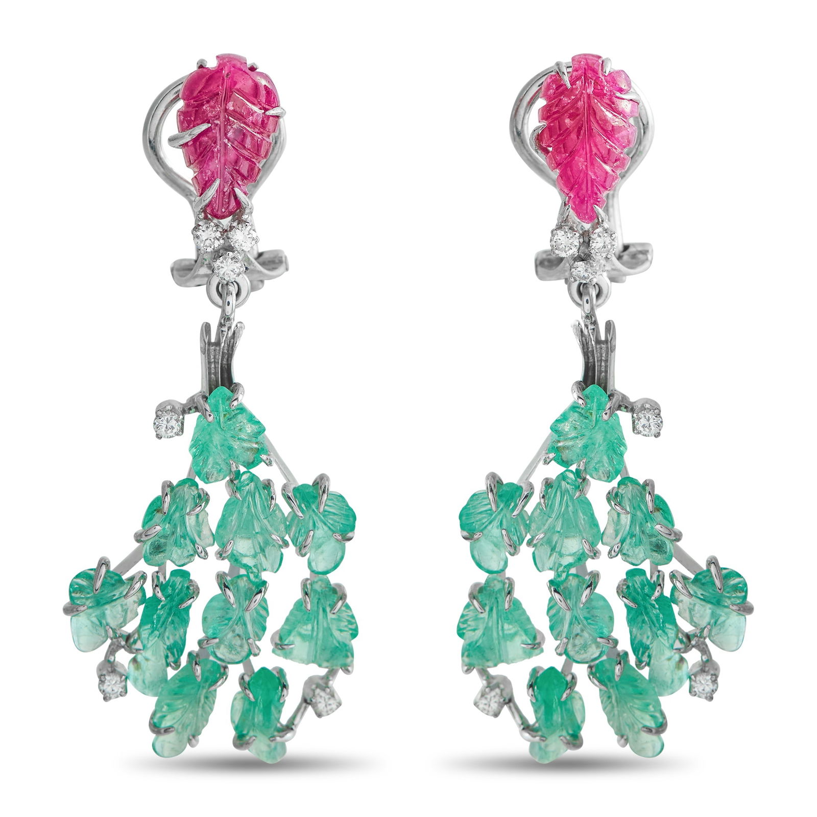 18K White Gold 0.24ct Diamond, Emerald, and Ruby Earrings: A unique design makes these earrings unlike anything you’ve seen before. With Ruby gemstones totaling 4.0 carats and Emeralds totaling 10.0 carats carved into intricate leaf motifs, these earrings d