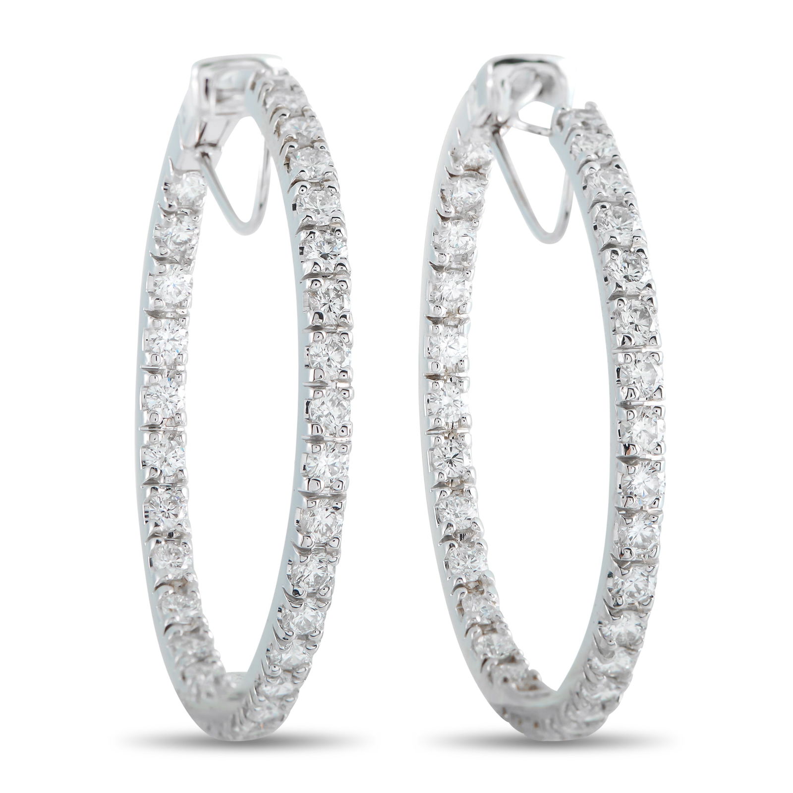 14K White Gold 5.75ct Diamond Hoop Earrings: Diamonds with a total weight of 5.75 carats make these luxury hoop earrings impossible to ignore. The classic 14K White Gold setting allows them to complement any outfit while allowing the sparkling g