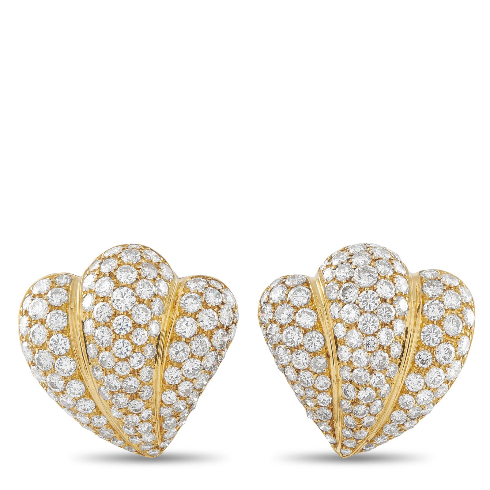 18K Yellow Gold 8.45ct Diamond Earrings: With a retro sensibility, these yellow gold shell earrings highlight sculptural form and surface detail. The asymmetrical shell shape scallops along one edge and tapers to a soft point on the other. P