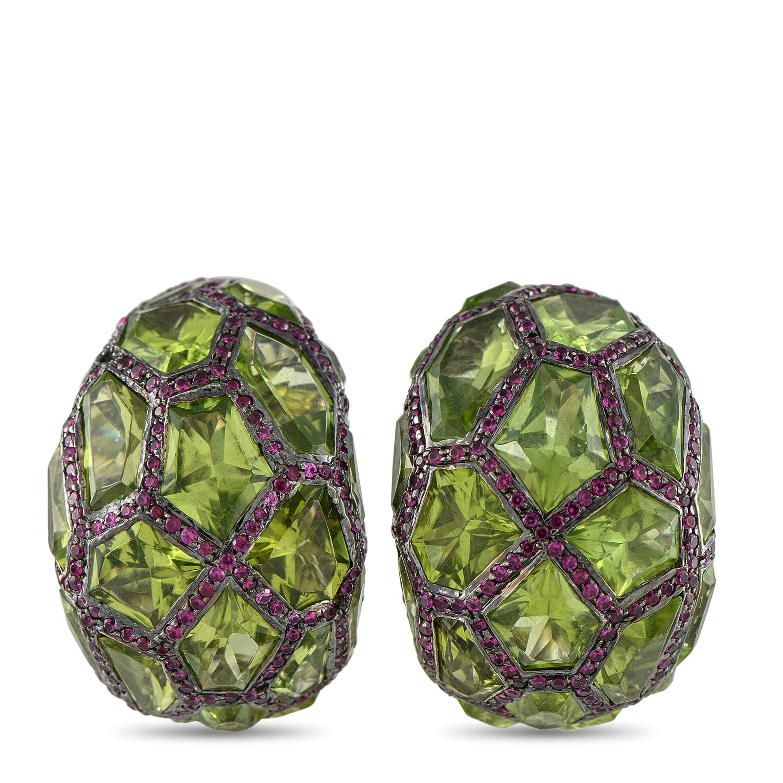 de Grisogono 18K White Gold Ruby and Peridot Earrings: These De Grisogono earrings are a celebration of color. Bold Peridot gemstones make them incredibly eye-catching, while veins of inset Ruby gemstones provide delightful contrast. Each one features an