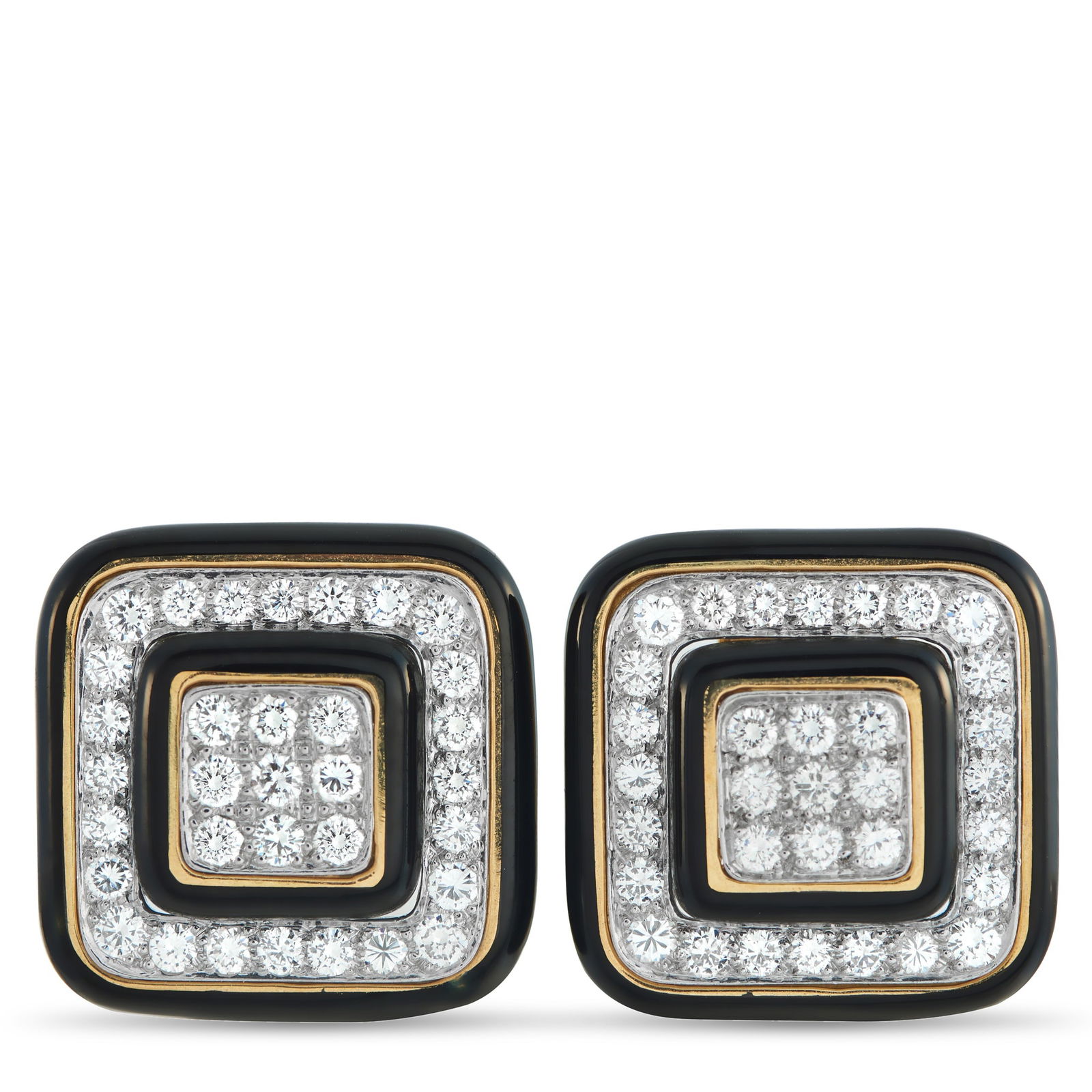 David WebbPlatinum and 18K Yellow Gold 3.30ct Diamond and Enamel Square Earrings: Diamonds, black enamel, and yellow gold form a natural alliance in this pair of clip-ons from David Webb. The brightness of the diamonds gains precision when set in platinum, while yellow gold brings