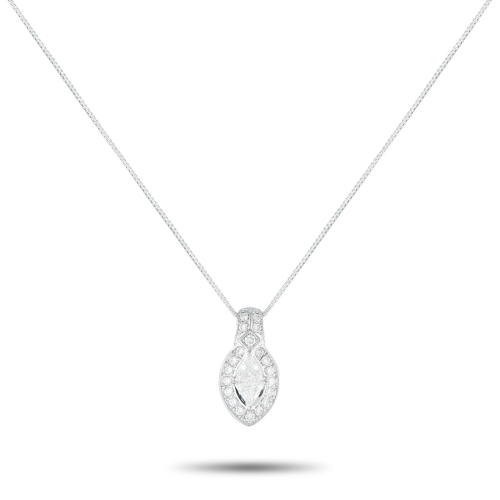 Platinum 0.65ct Diamond Pendant: This classic necklace is simple, stylish, and sophisticated. Diamonds with a total weight of 0.65 carats – including a stunning marquise cut Diamond at the center – allow this piece to effortlessl