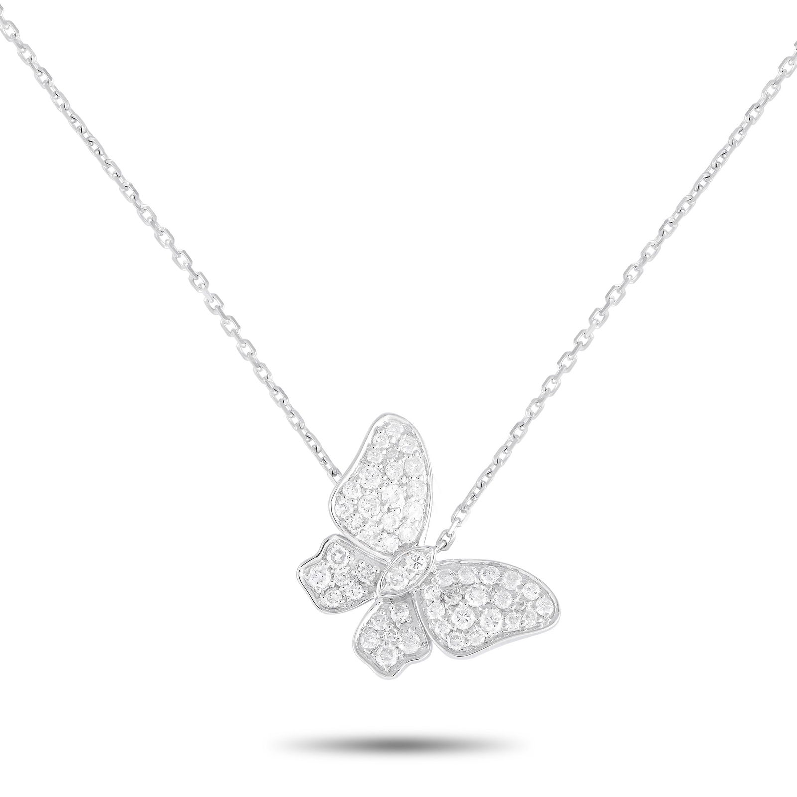 18K White Gold 0.65ct Diamond Butterfly Necklace: This necklace possesses an undeniable charm. Crafted entirely from 18K White Gold, it features a butterfly pendant measuring 0.75” long suspended from a 15.5” chain. Sparkling Diamonds wit