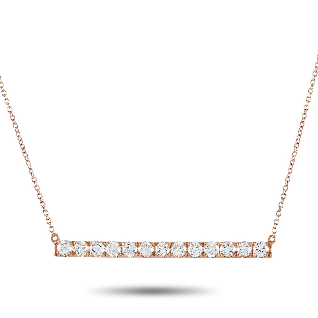 18K Rose Gold 1.00 ct Diamond Bar Necklace: This understated 18K Rose Gold necklace possesses a clean, contemporary sense of style that is currently trending. At the center of an 18” chain, you’ll find a simple bar pendant measuring 1.0