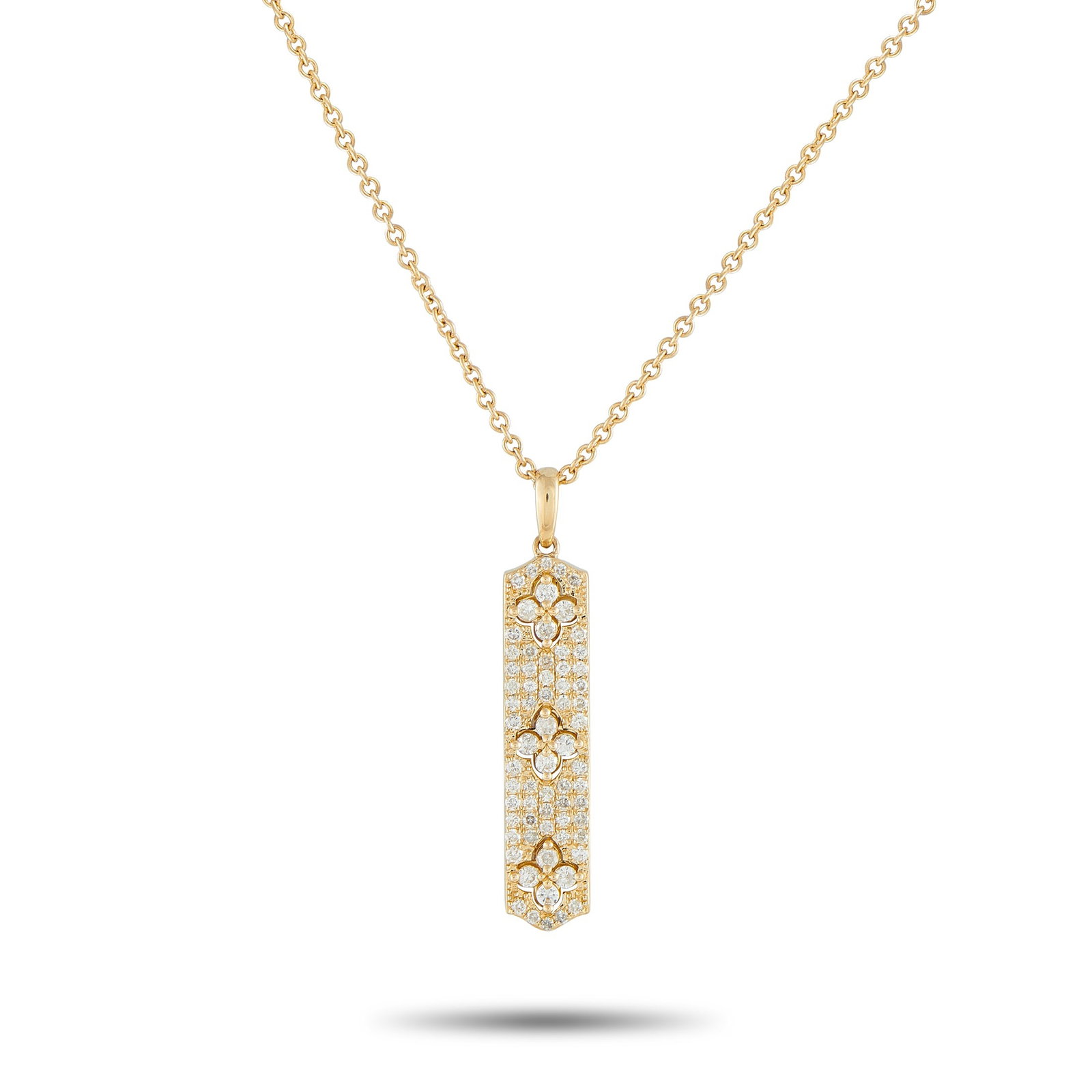 14K Yellow Gold 0.70ct Diamond Pendant: Sparkling Diamonds totaling 0.70 carats make this 14K Yellow Gold necklace instantly eye-catching. The perfect piece for everyday wear, it features a detailed pendant measuring 1.38” long by 0.2